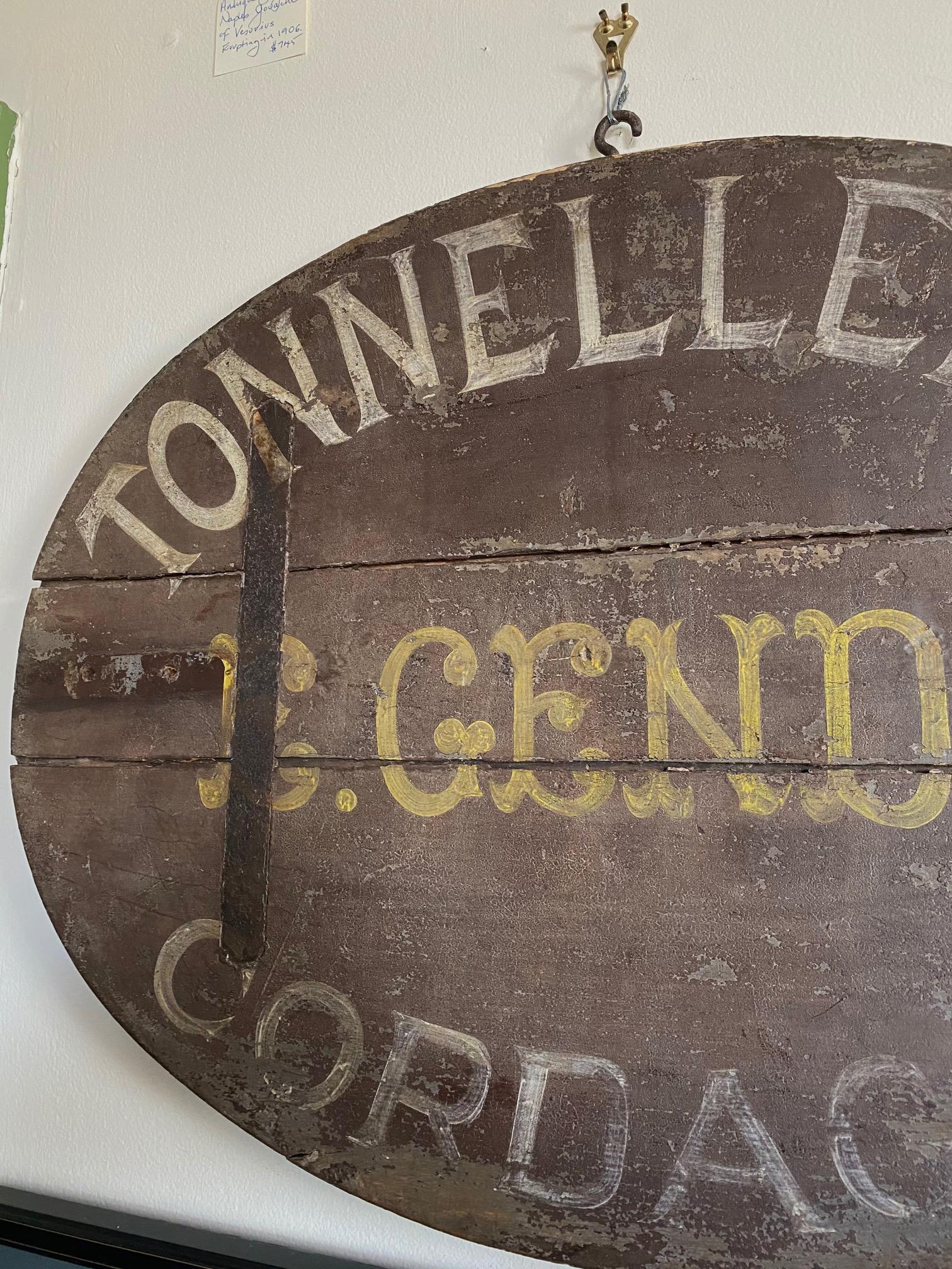 18th or 19th century French ship chandler's trade sign, circa 1800, an oval pine double sided sign built with large dove-tails, advertising Cooperage and Cordage. A very rare sign that was most likely catering to the whaling trade (what other ships
