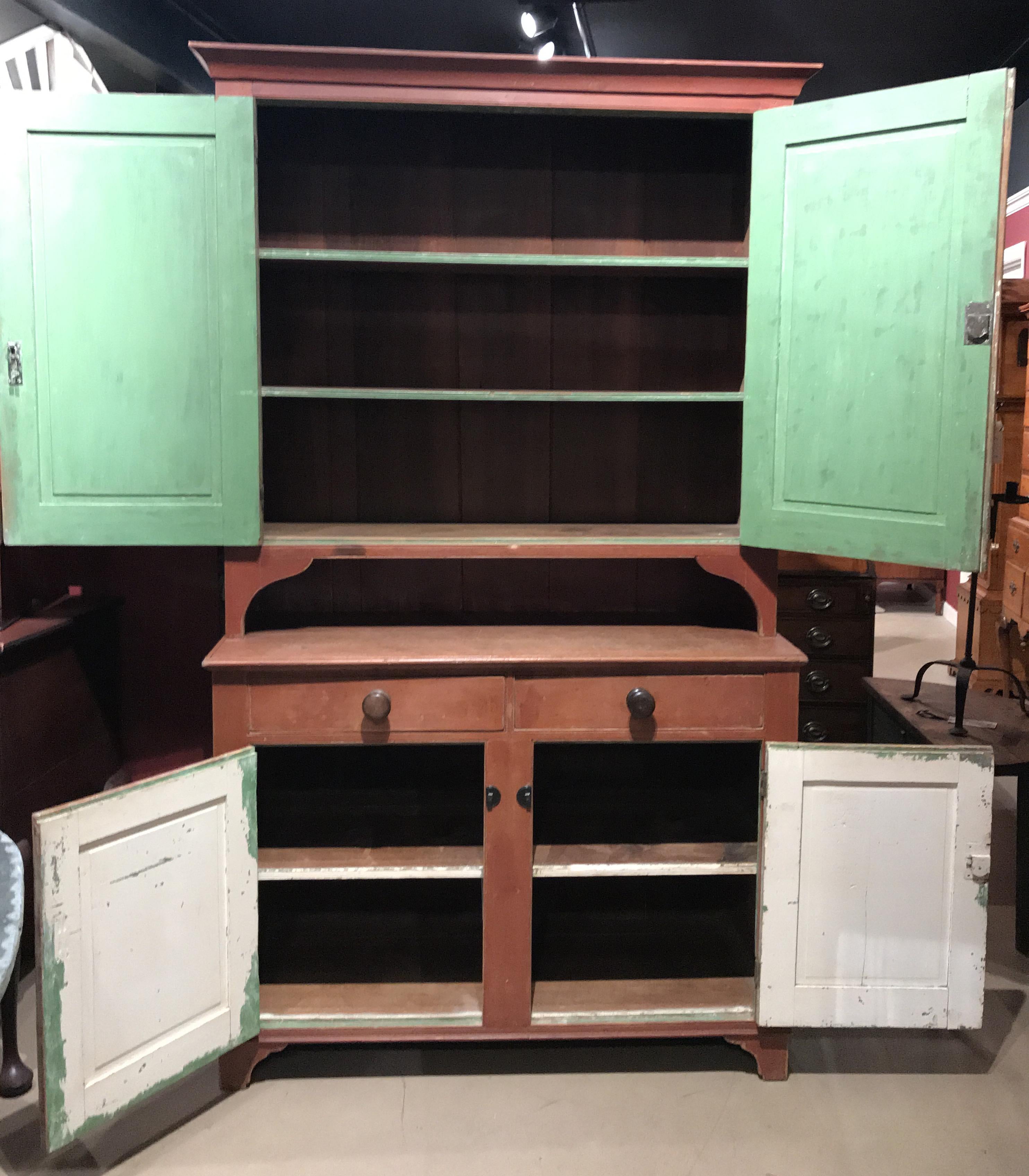18th Century 18th or 19th Century Pennsylvania Two Part Stepback Cupboard in Old Red Paint