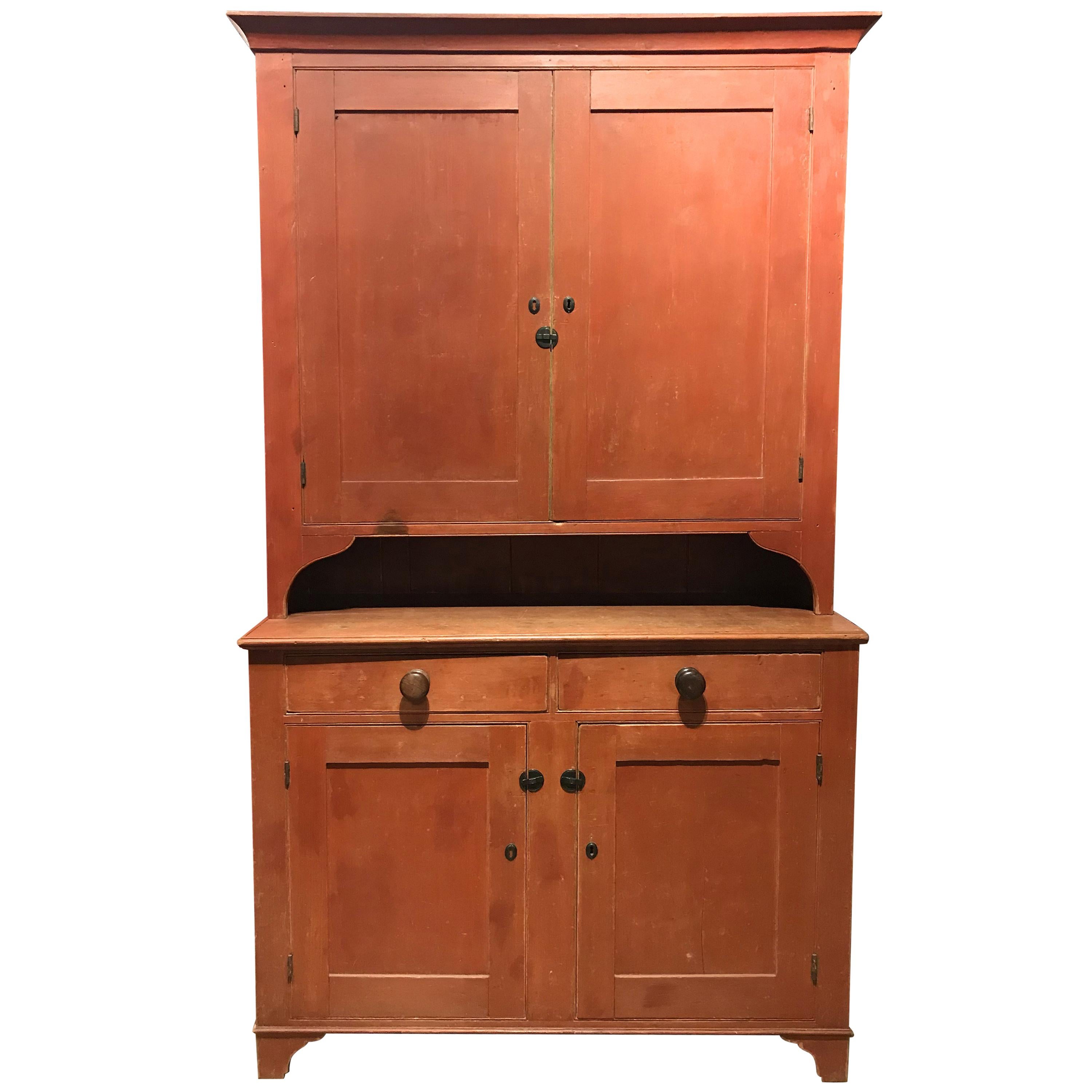 18th or 19th Century Pennsylvania Two Part Stepback Cupboard in Old Red Paint