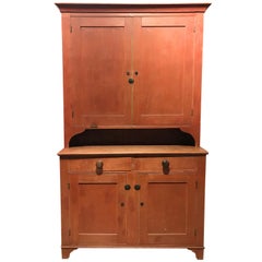 18th or 19th Century Pennsylvania Two Part Stepback Cupboard in Old Red Paint