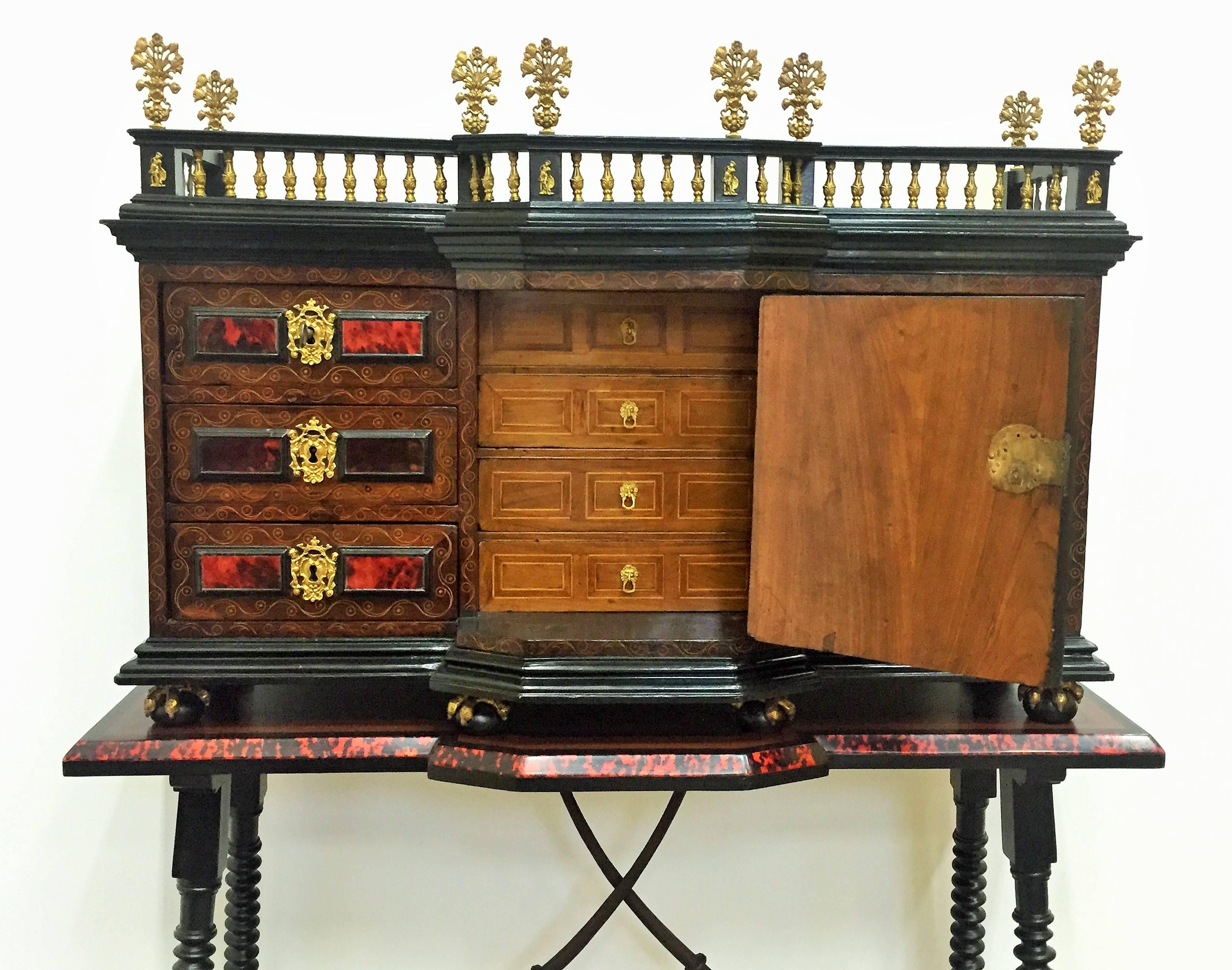 18th Original Italian Cabinet on Stand, Baroque Bargueno with Carey Inlays In Excellent Condition For Sale In Miami, FL