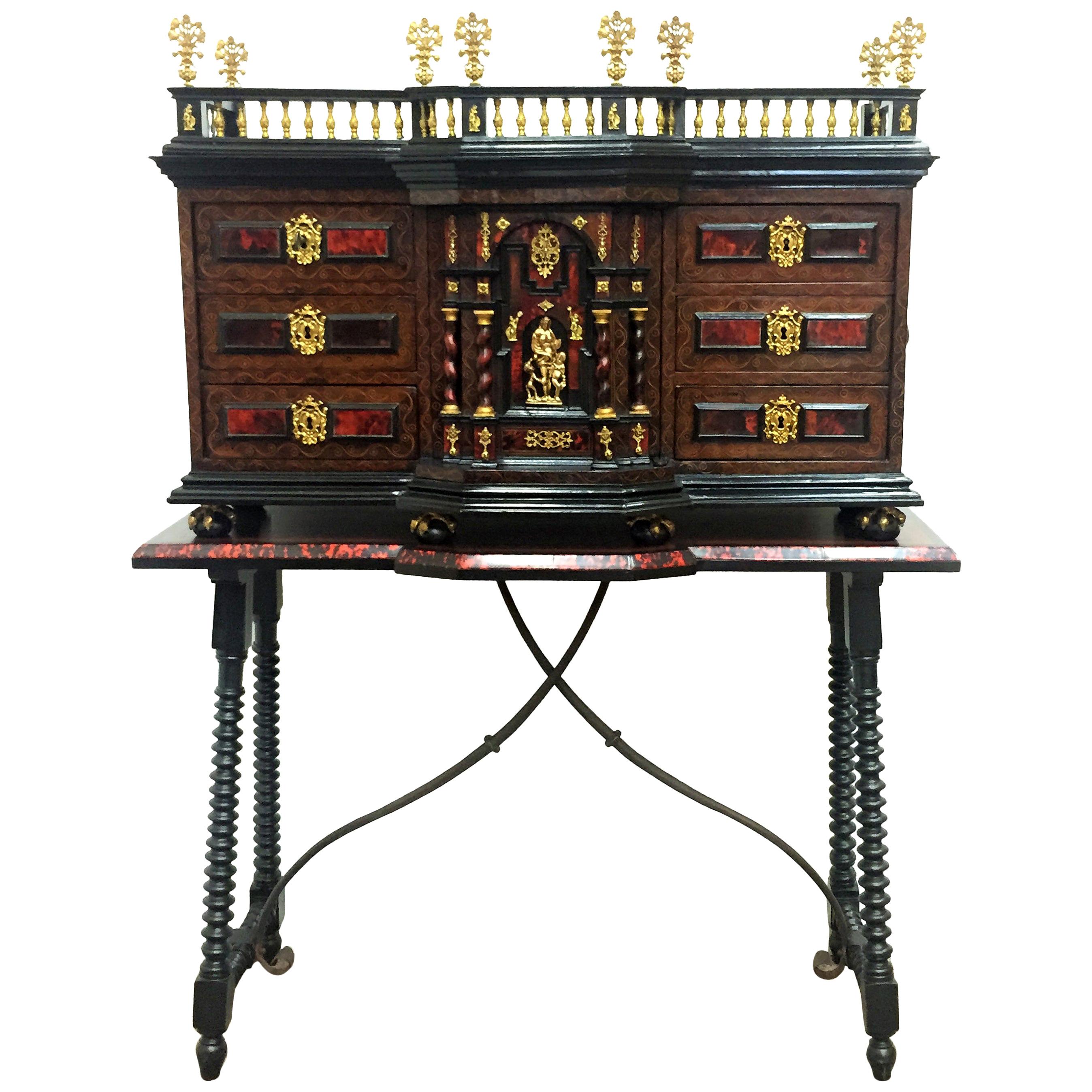 18th Original Italian Cabinet on Stand, Baroque Bargueno with Carey Inlays For Sale
