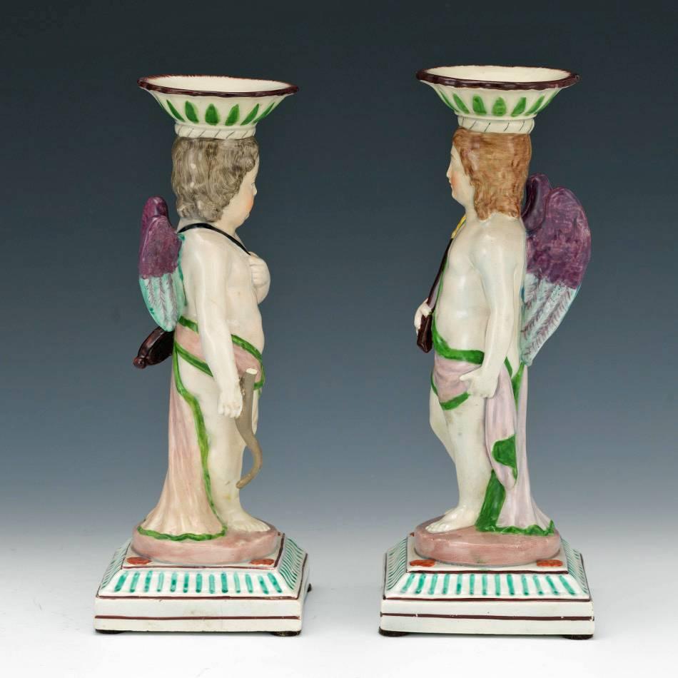 Late 18Century English Pearlware Pottery Figural Candlesticks In Good Condition In Downingtown, PA
