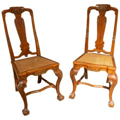 18th Pair of English Queen Anne Style Chairs in Wood and Cane