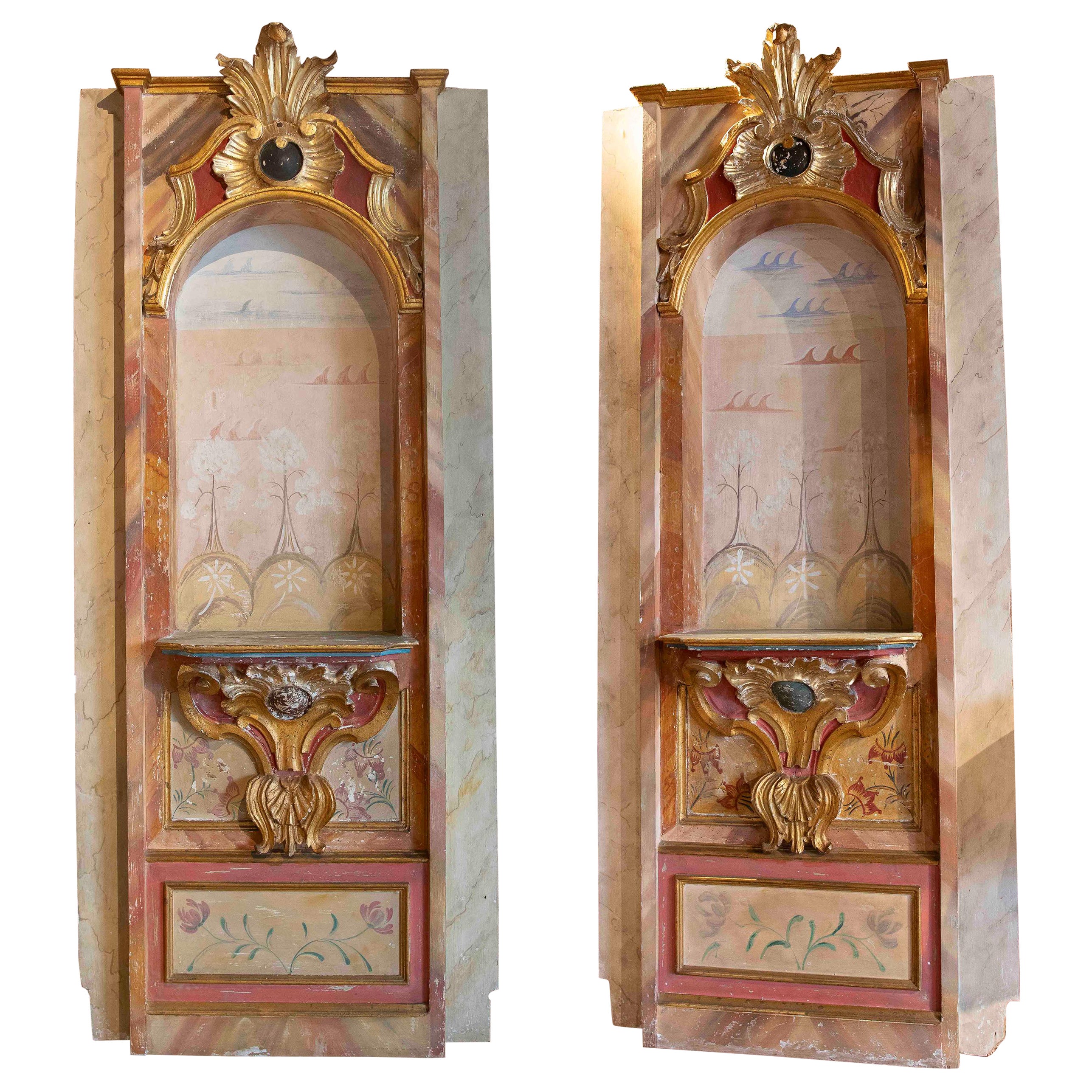 18th Pair of Italian Painted and Gilded Niches For Sale