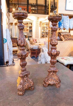 18th Pair of Spanish Baroque Carved Wood Candlesticks