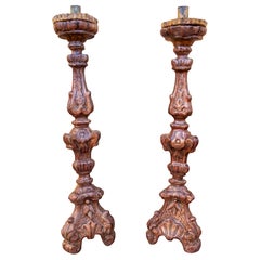 18th Pair of Spanish Baroque Carved Wood Candlesticks
