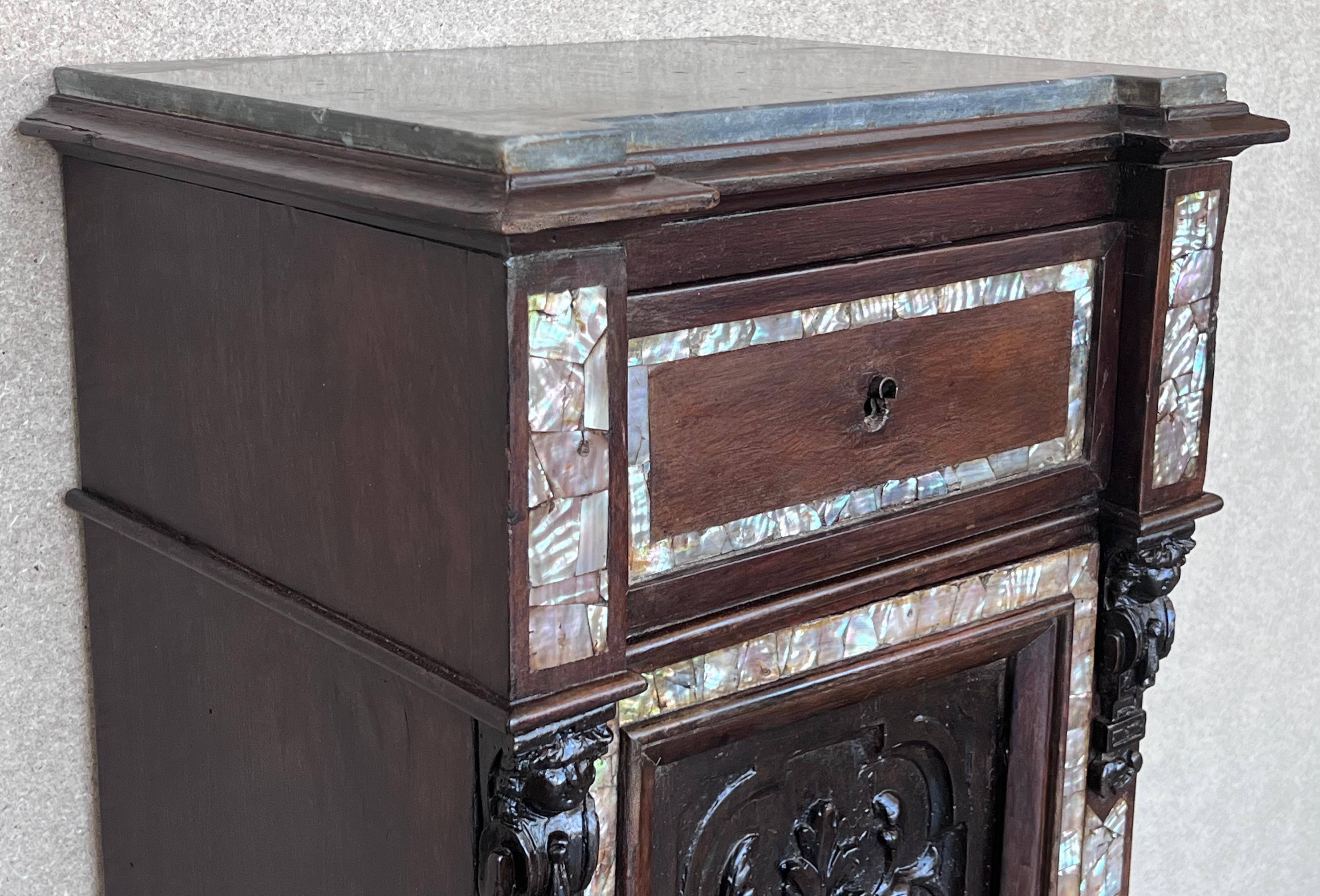 18th Pair of Spanish Walnut Nightstands with Marble Top and Inlays For Sale 5