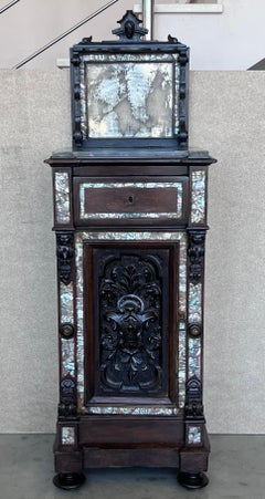 18th Pair of Spanish Walnut Nightstands with Marble Top and Inlays
