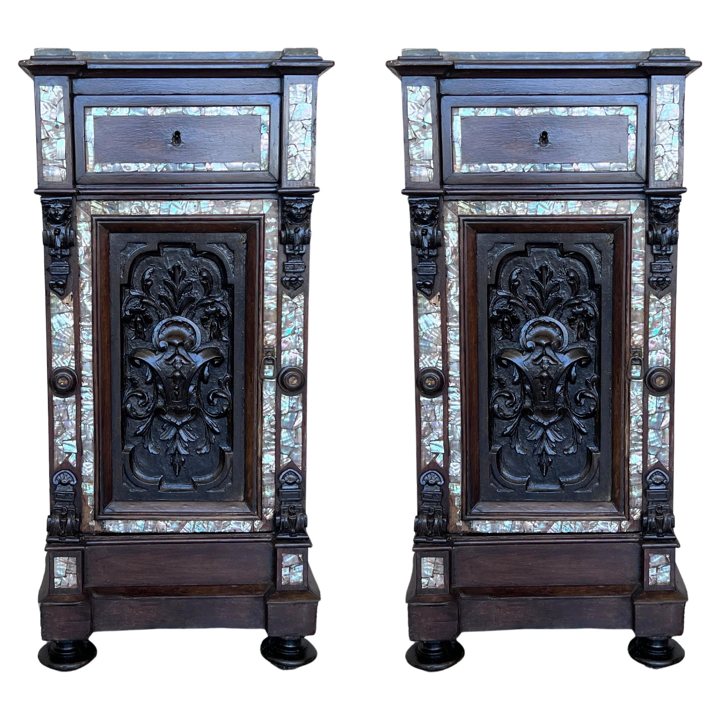 18th Pair of Spanish Walnut Nightstands with Marble Top and Inlays For Sale