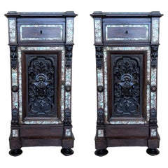 18th Pair of Spanish Walnut Nightstands with Marble Top and Inlays