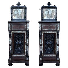 18th Pair of Spanish Walnut Nightstands with Marble Top and Inlays