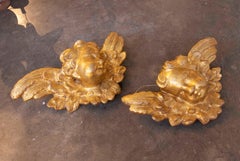 18th Pair of Wooden Heads of Two Cherubs with Golden Wings