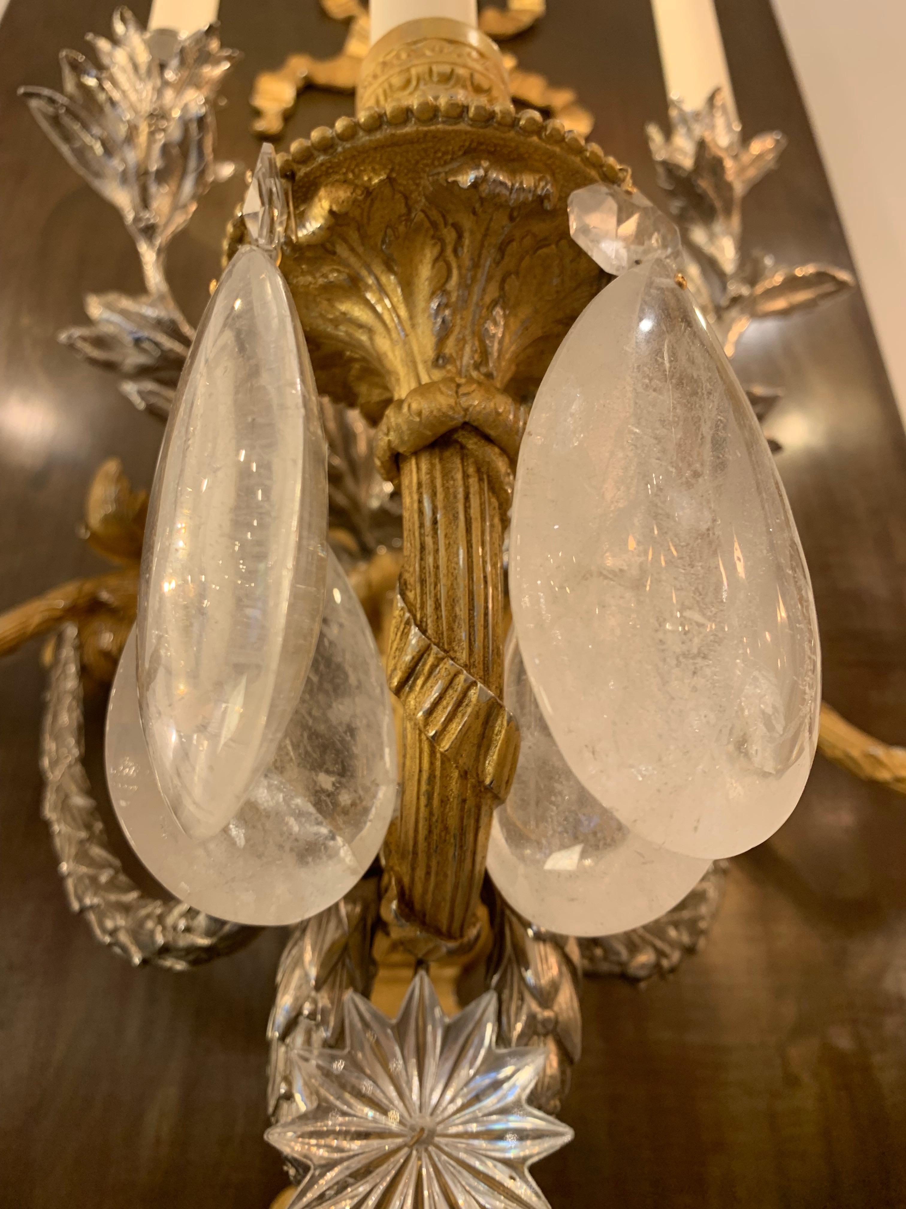 French 18th Rambouillet Pair of Wall Lamp in Bronze Nickel and Gold with Rock Crystal For Sale