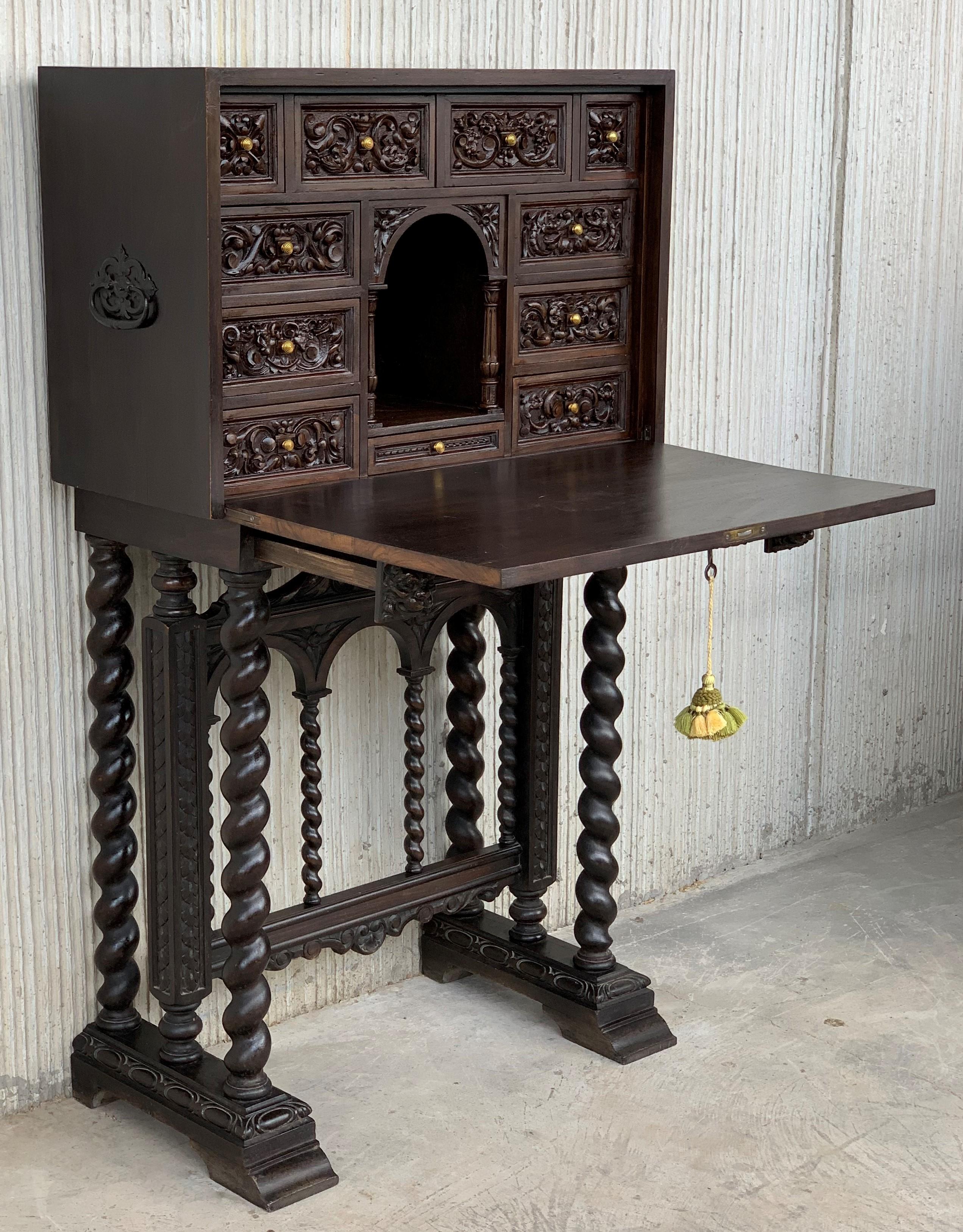Iron 18th Spanish Bargueno of Columns with Foot Bridge, Cabinet on Stand