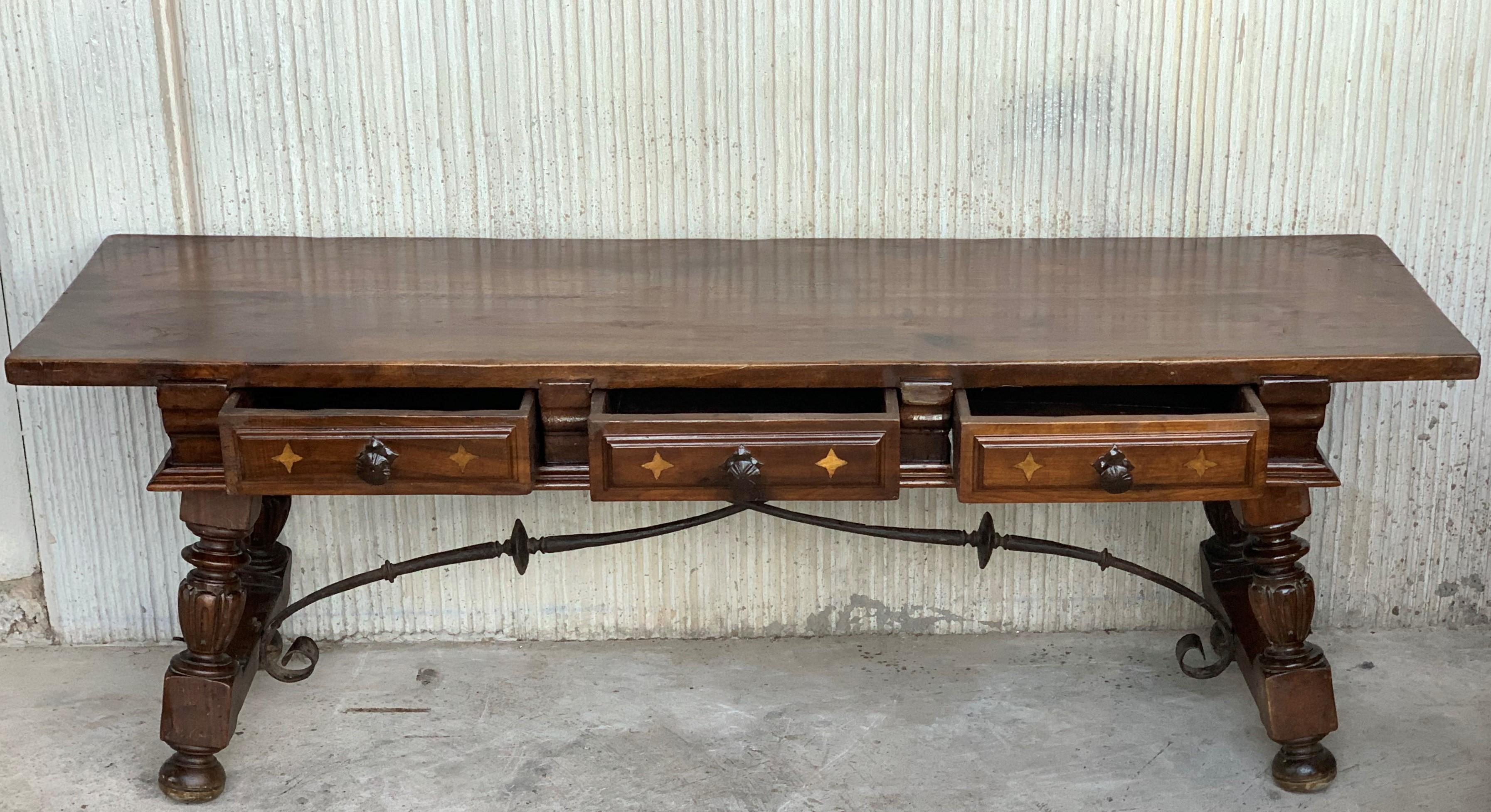 Baroque 18th Spanish Bench or Low Console Table with Marquetry Drawers & Iron Stretcher
