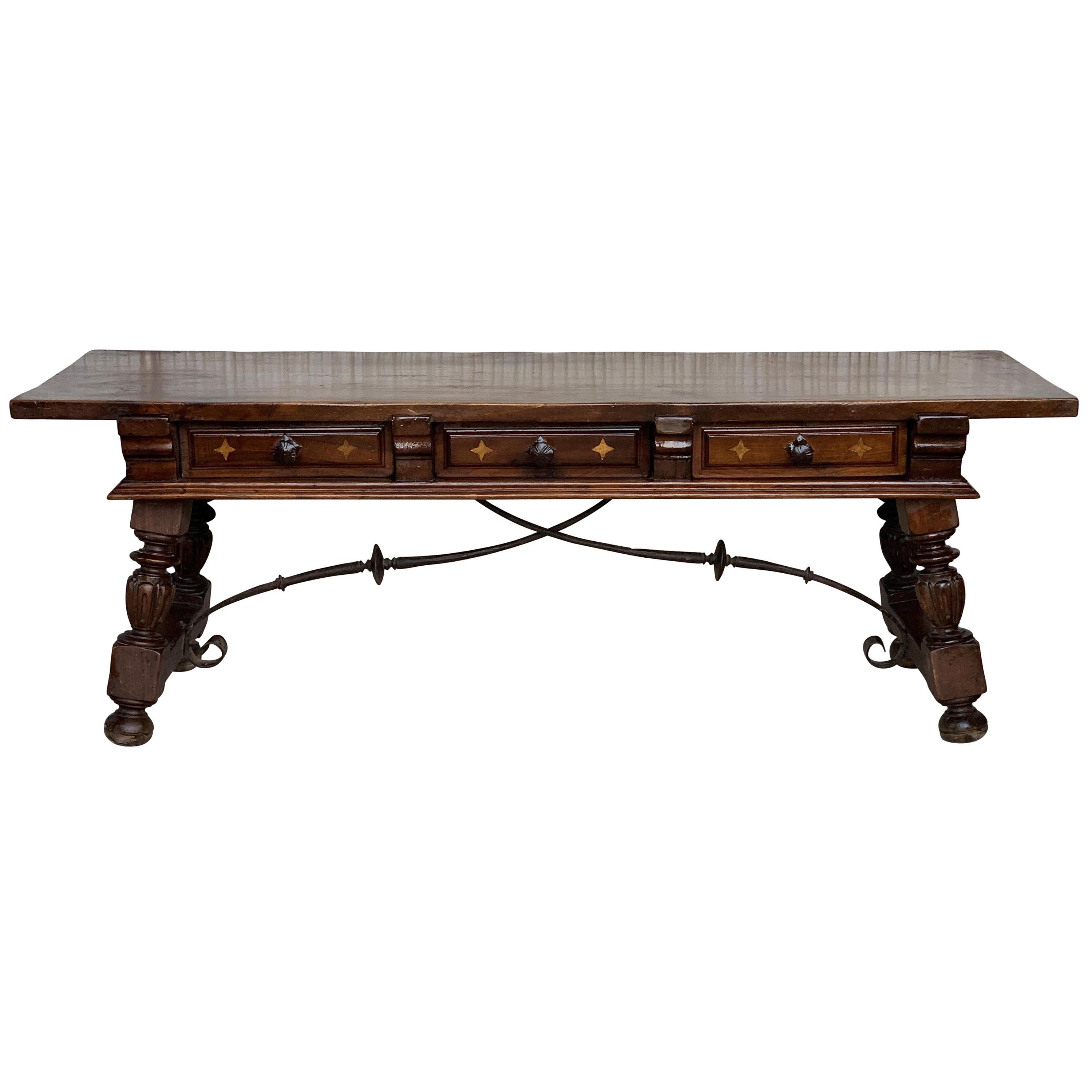 18th Spanish Bench or Low Console Table with Marquetry Drawers & Iron Stretcher