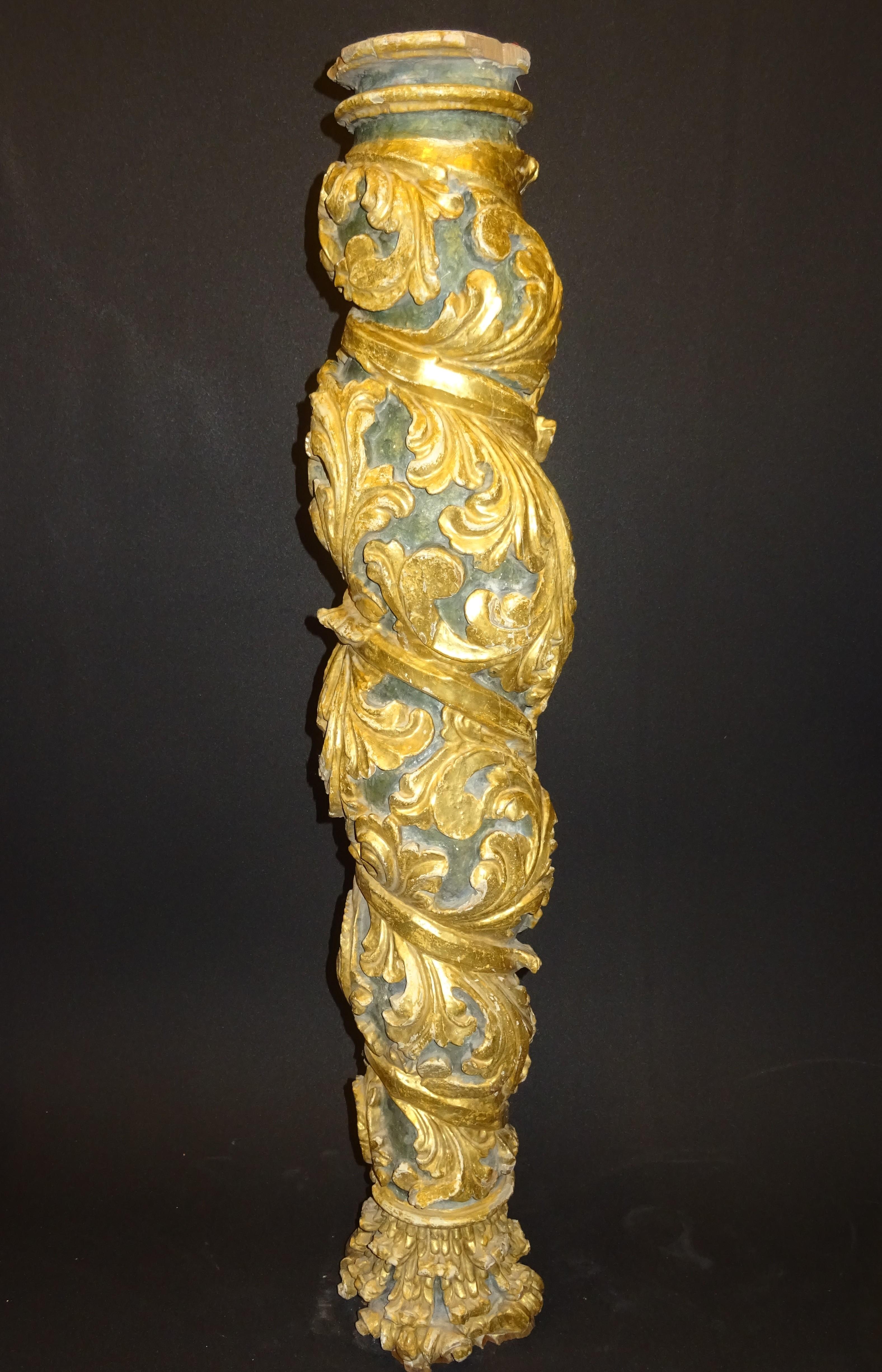 18th Spanish Carved, Gold and Polychrome Wood Baroque Solomonic Column For Sale 10