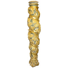 18th Spanish Carved, Gold and Polychrome Wood Baroque Solomonic Column
