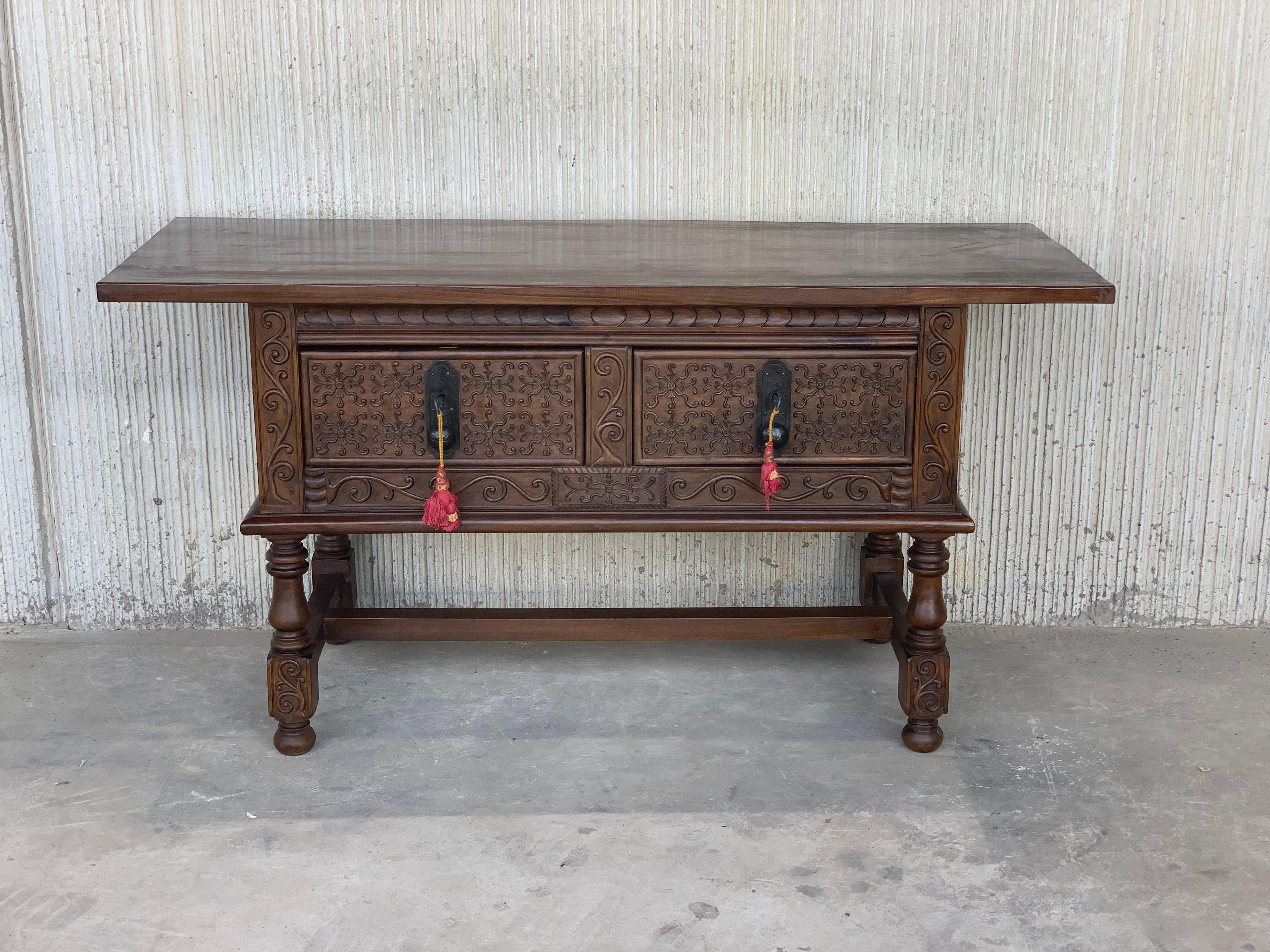 Baroque Revival Spanish Console Chest Table with Two Carved Drawers and Original Hardware