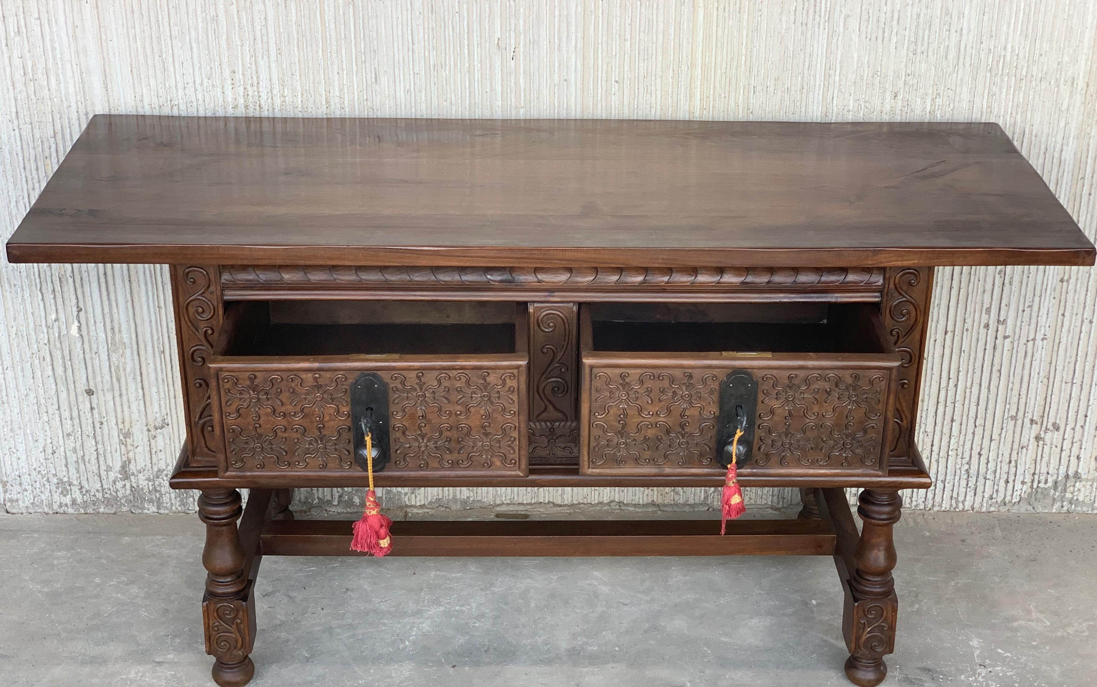 Iron Spanish Console Chest Table with Two Carved Drawers and Original Hardware