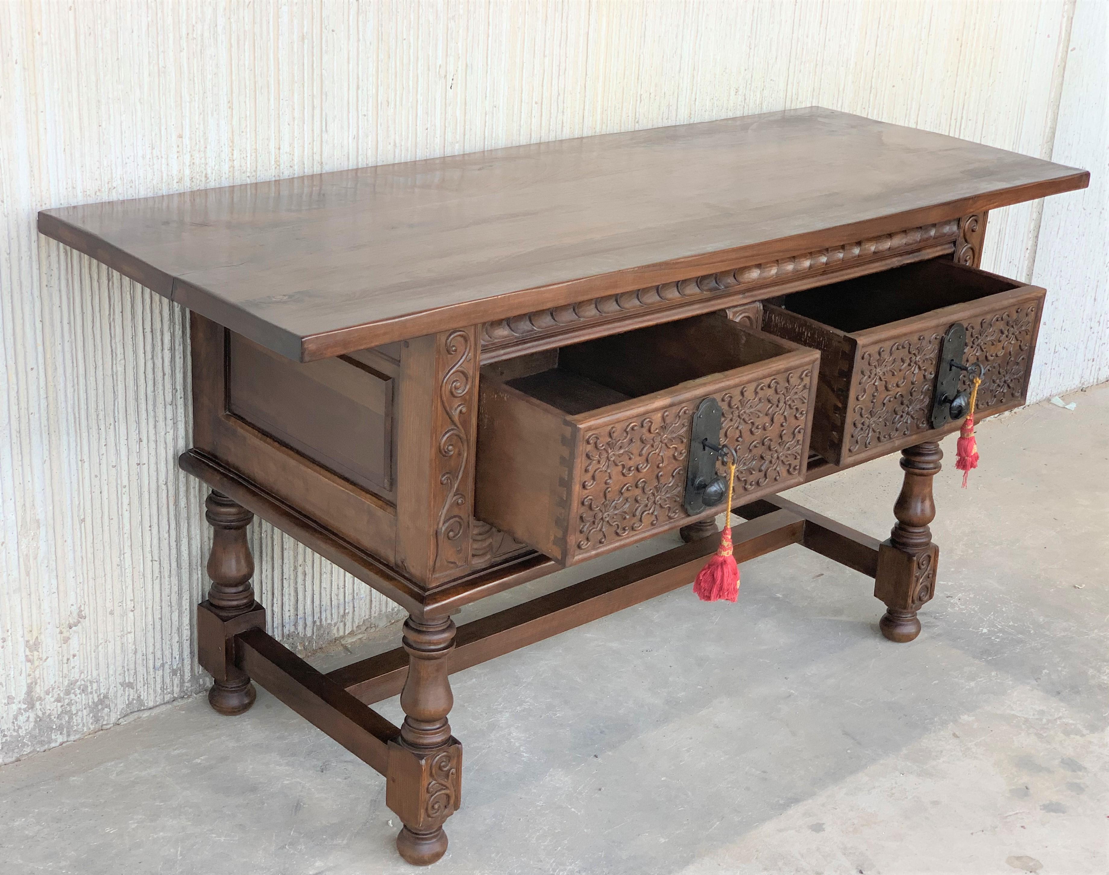 Spanish Console Chest Table with Two Carved Drawers and Original Hardware 1