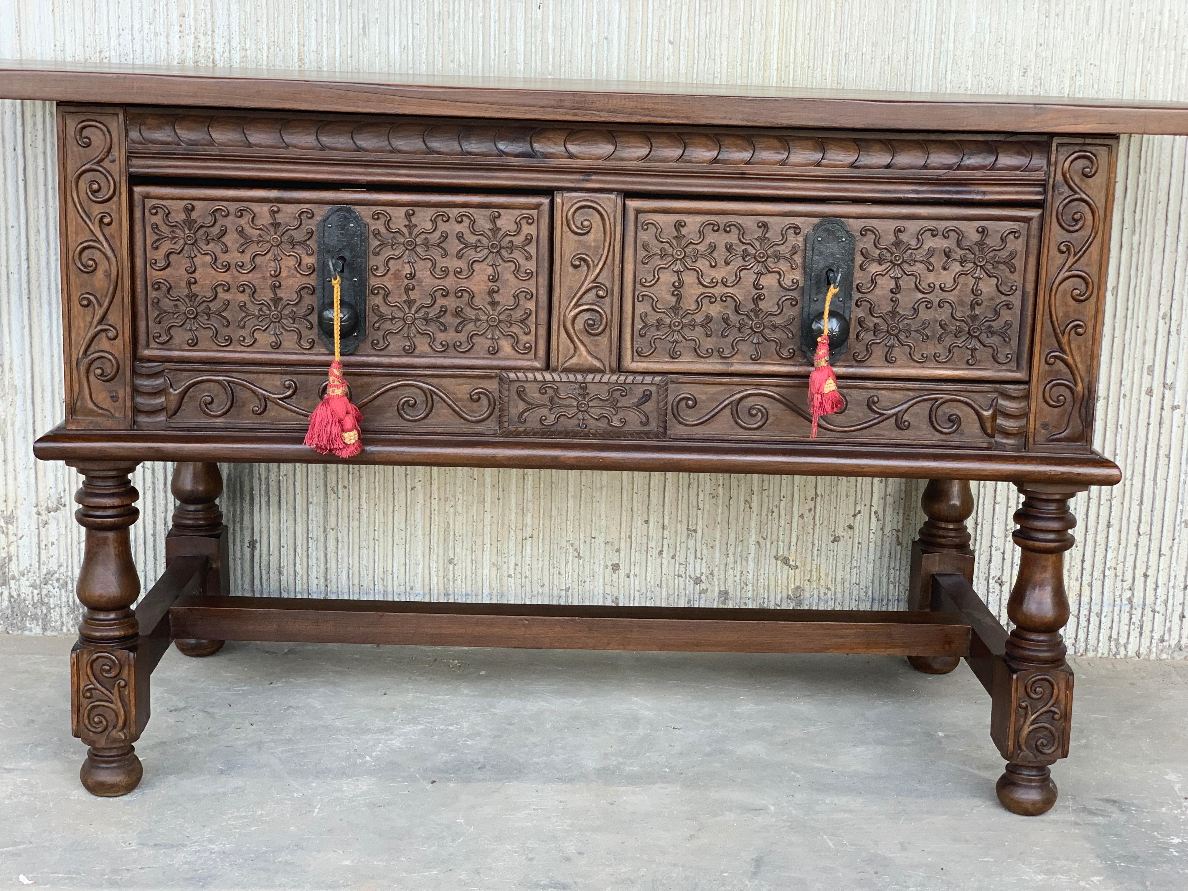 Spanish Console Chest Table with Two Carved Drawers and Original Hardware 2