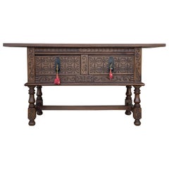 Spanish Console Chest Table with Two Carved Drawers and Original Hardware