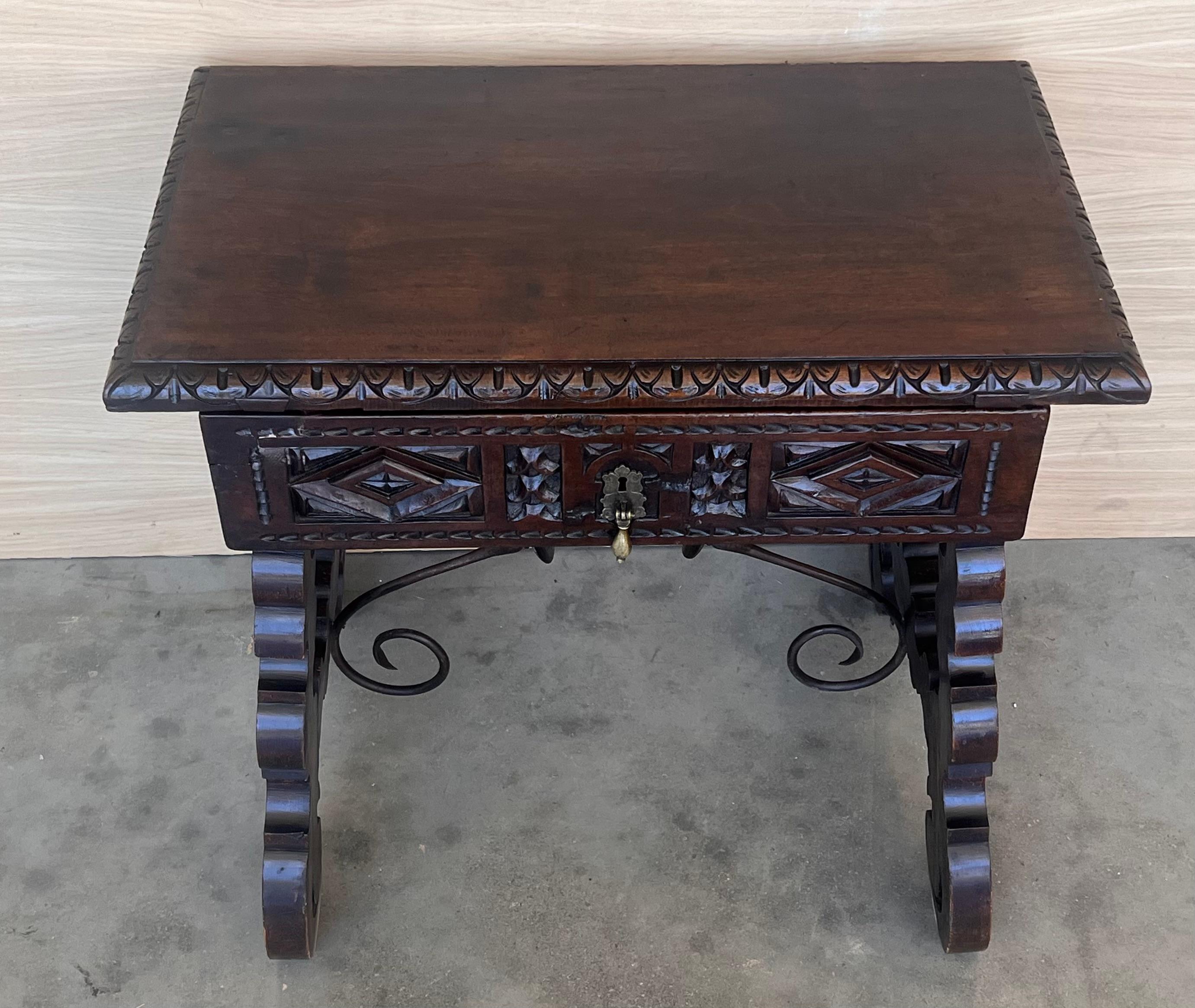 Walnut 18th Spanish Console Table with Carved Drawers and Original Hardware For Sale