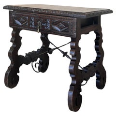 Antique 18th Spanish Console Table with Carved Drawers and Original Hardware