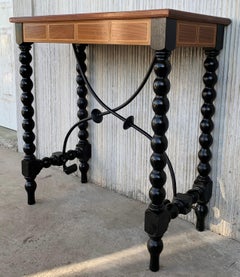 Spanish Console Table with Marquetry Top, Ebonized Legs & Iron Stretcher