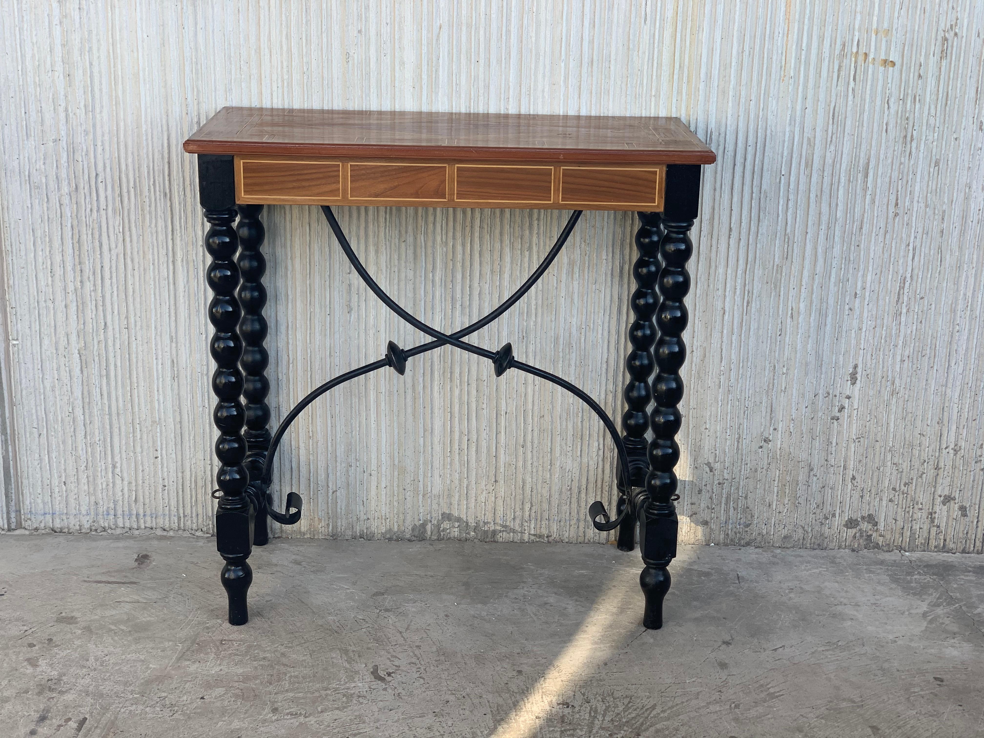 Baroque Spanish Console Table with Marquetry Top, Ebonized Legs & Iron Stretcher