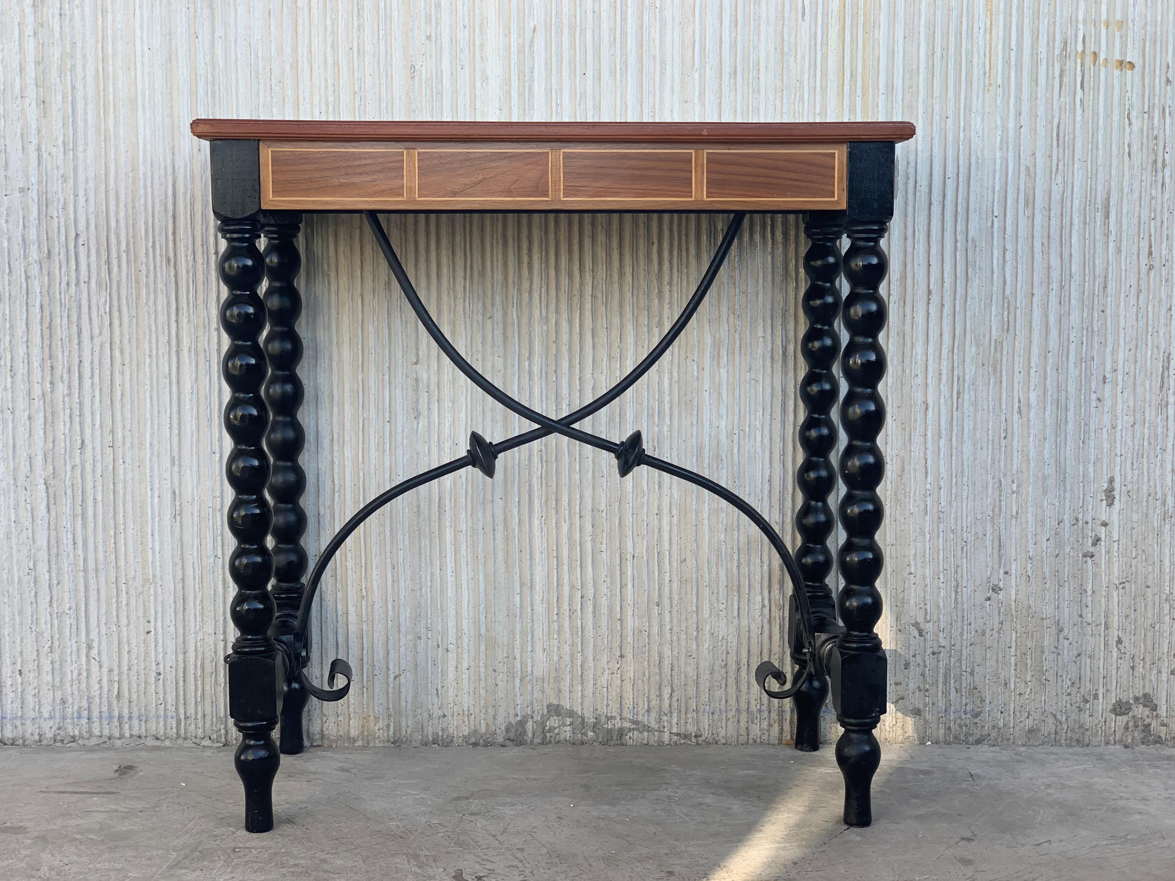 Spanish Console Table with Marquetry Top, Ebonized Legs & Iron Stretcher In Good Condition In Miami, FL