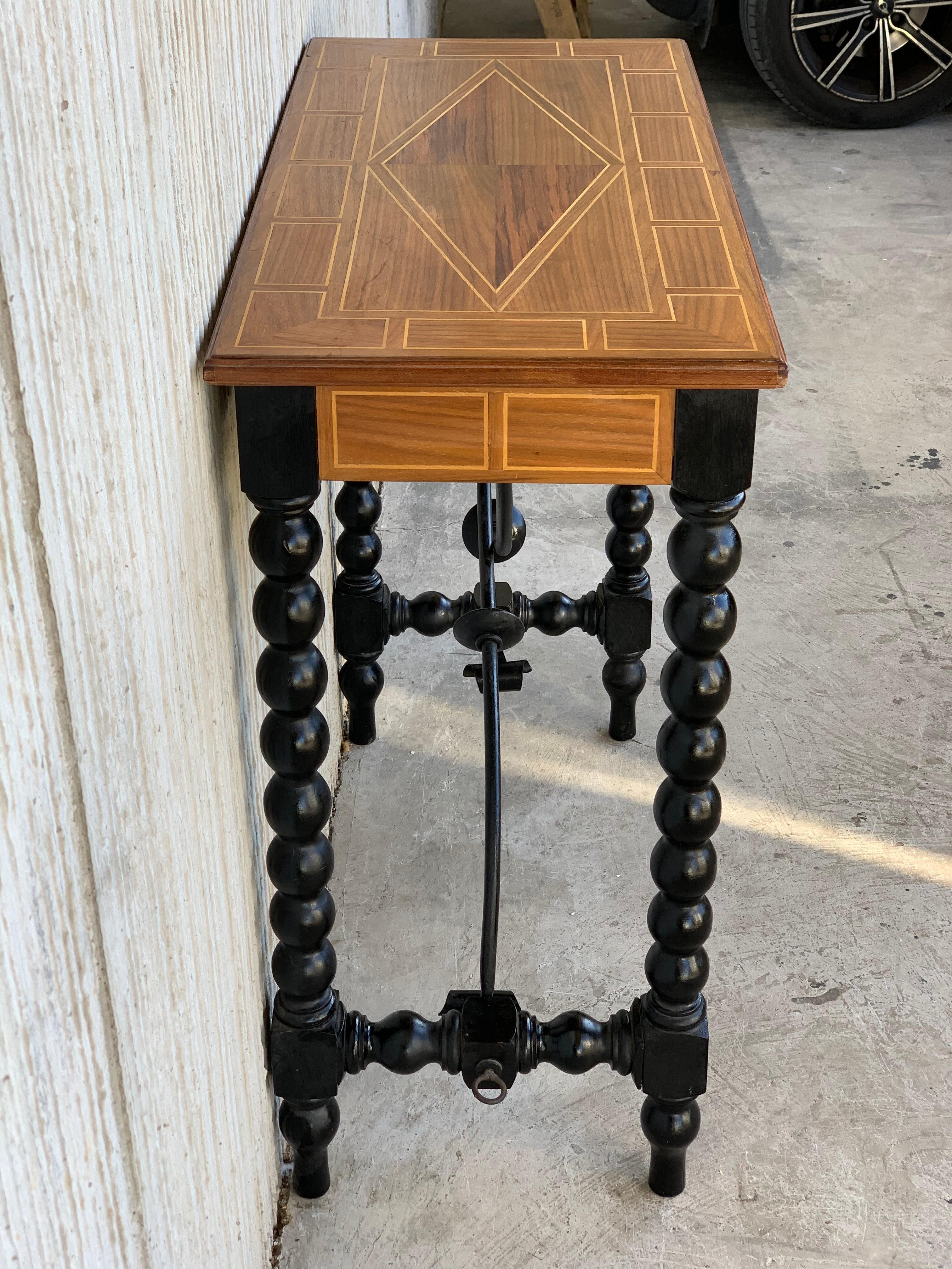 Walnut Spanish Console Table with Marquetry Top, Ebonized Legs & Iron Stretcher