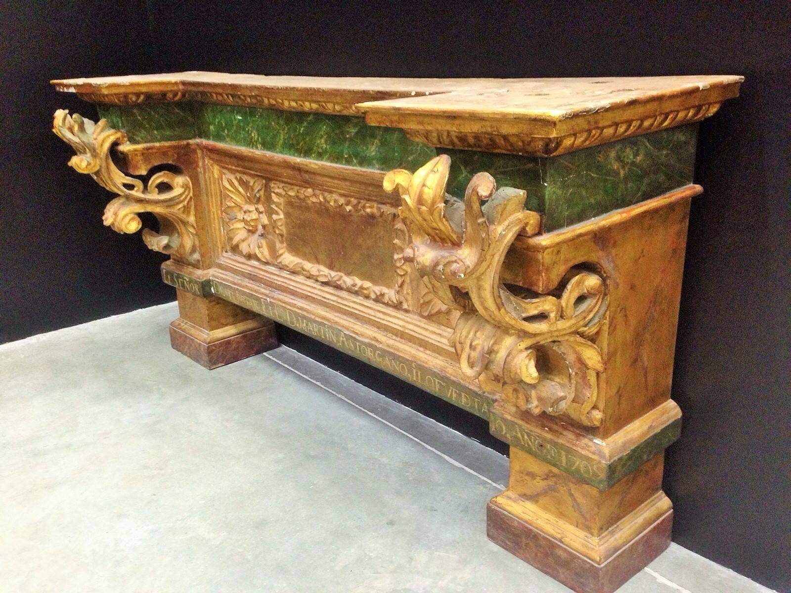 Baroque 18th Spanish Gilted Altar Console, Original Polychromed, Signed, Masterpiece