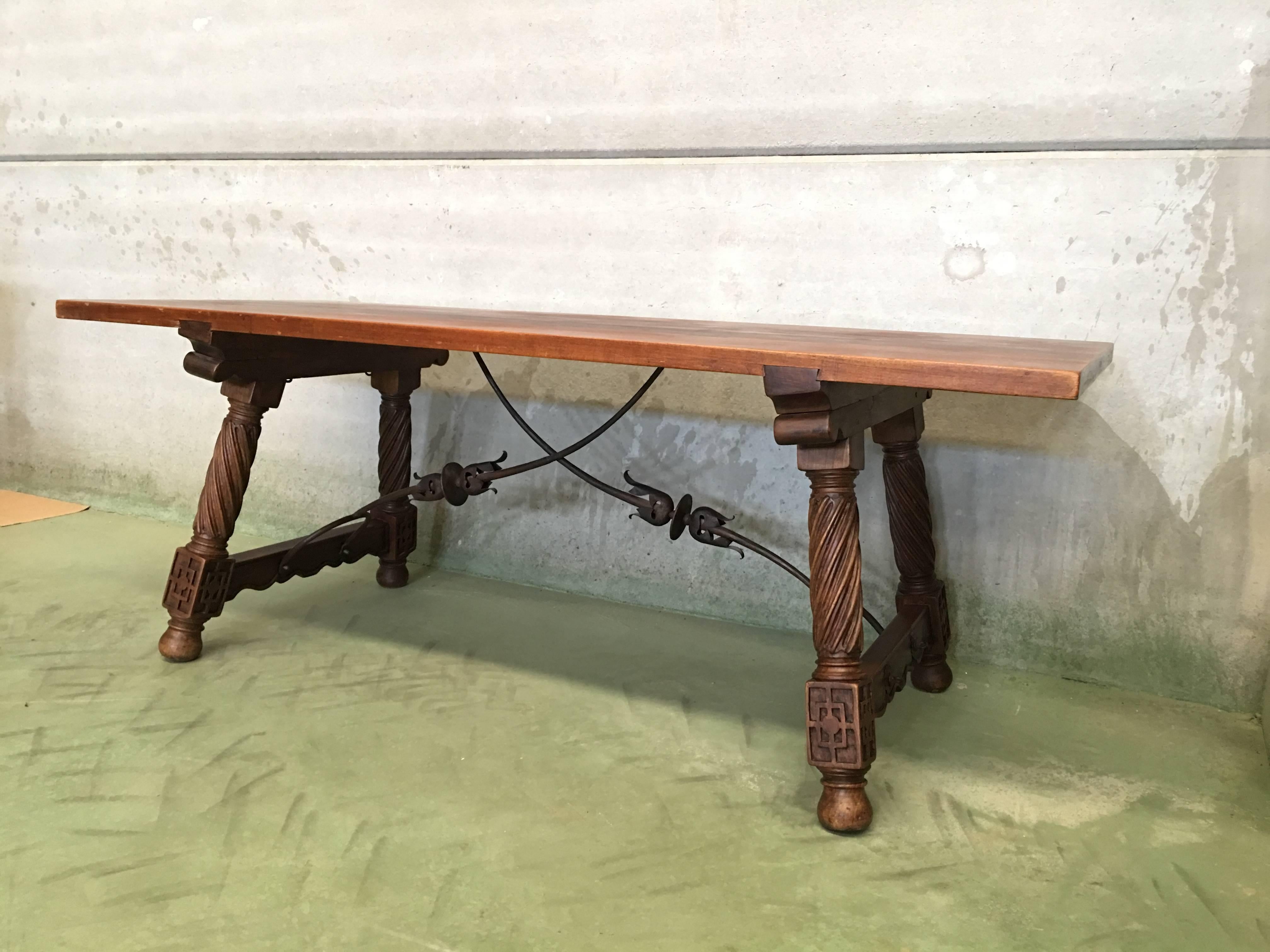 Renaissance 18th Spanish Refectory Desk Table with Solomonic Legs and Iron Stretcher