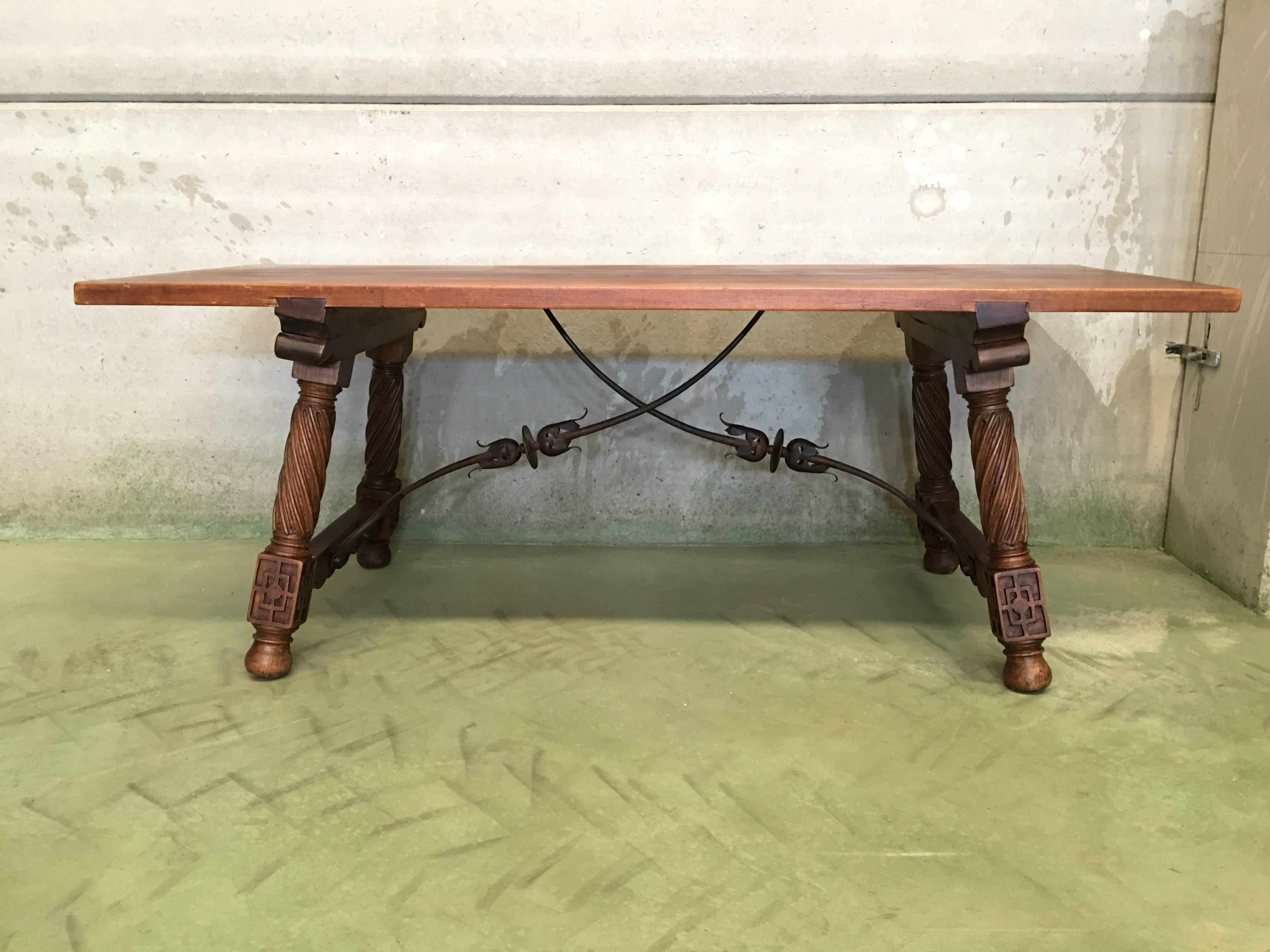Late 18th Century 18th Spanish Refectory Desk Table with Solomonic Legs and Iron Stretcher