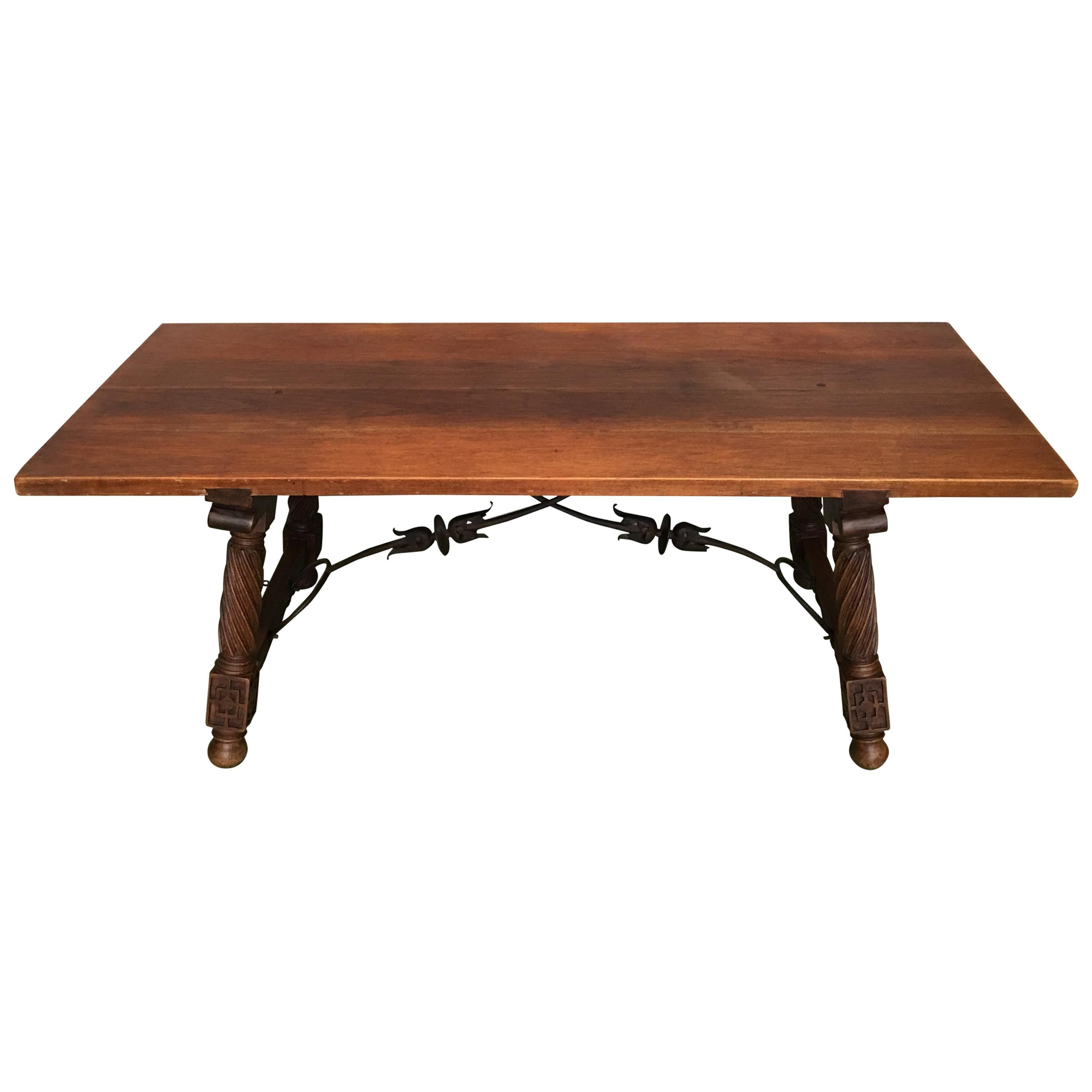 18th Spanish Refectory Desk Table with Solomonic Legs and Iron Stretcher