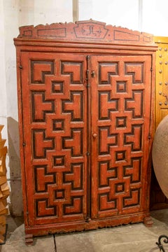 18th Spanish Style Antique Polychrome Wwooden Wardrobe in Red