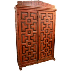 18th Spanish Style Antique Polychrome Wwooden Wardrobe in Red