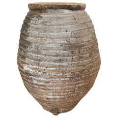 18th Spanish Terracotta Olive Jar With Layers Of Gray Aged Patina.