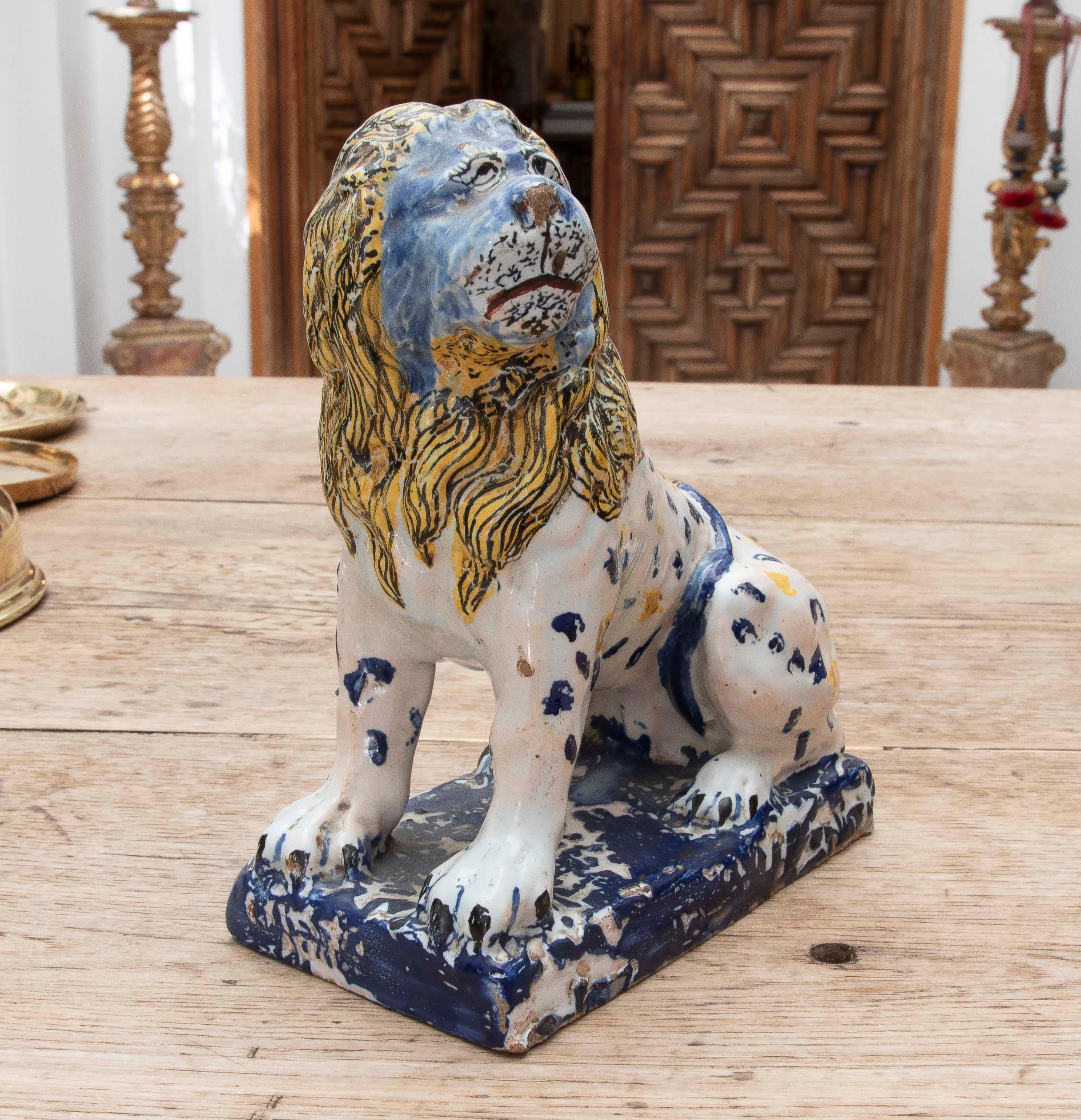 Spanish 18th Talavera Polychrome Pottery Lion Figure For Sale