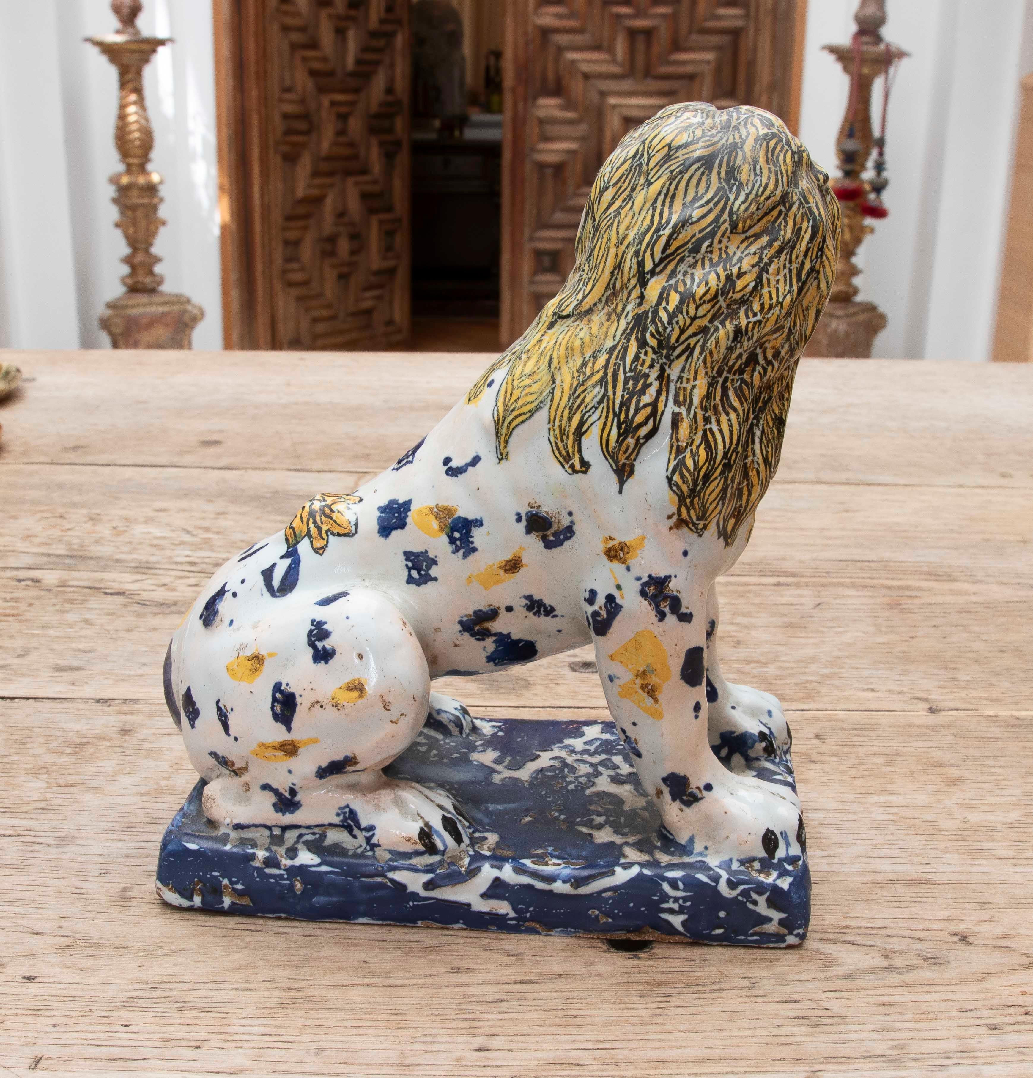 18th Century and Earlier 18th Talavera Polychrome Pottery Lion Figure For Sale