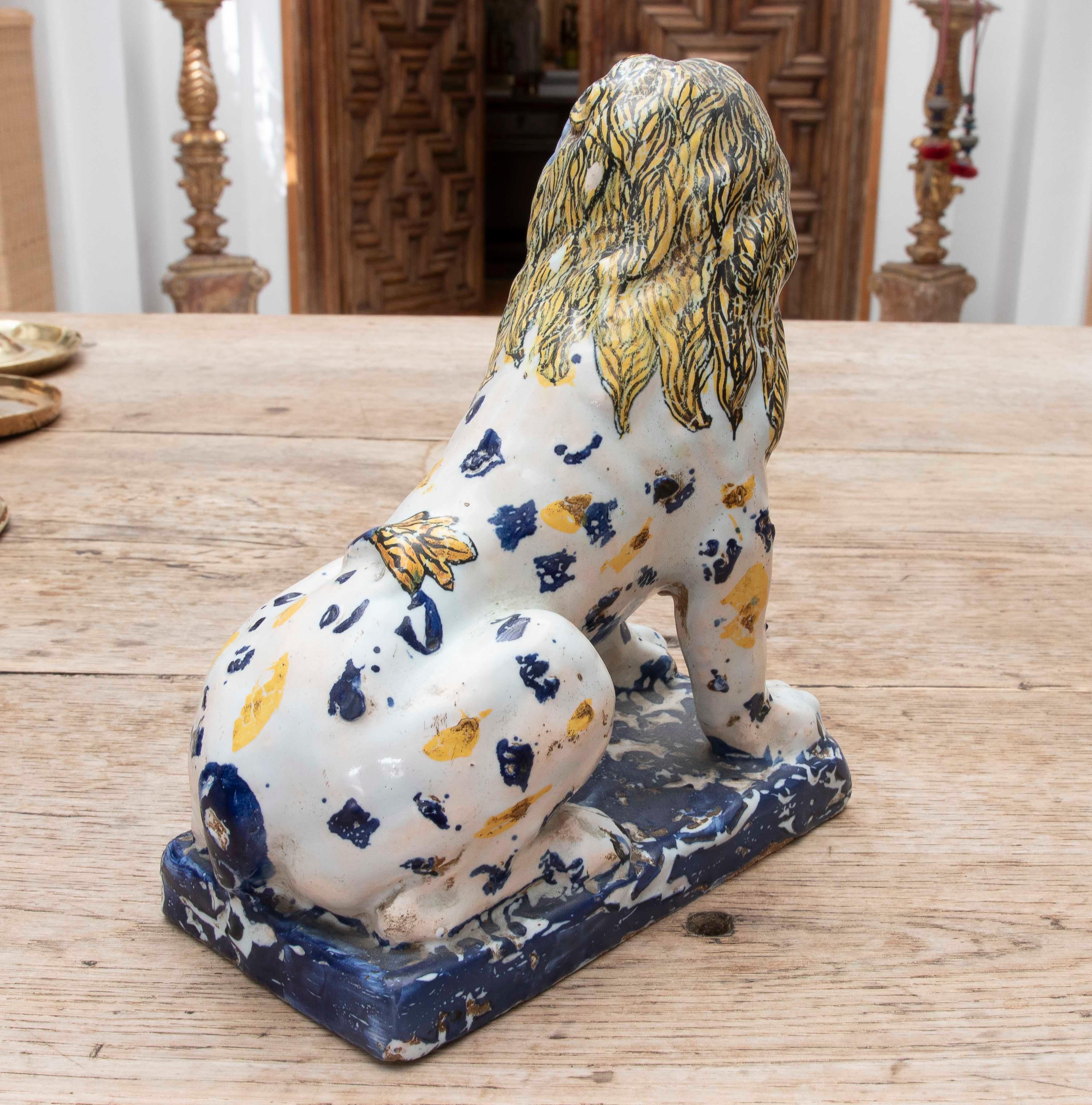 Ceramic 18th Talavera Polychrome Pottery Lion Figure For Sale