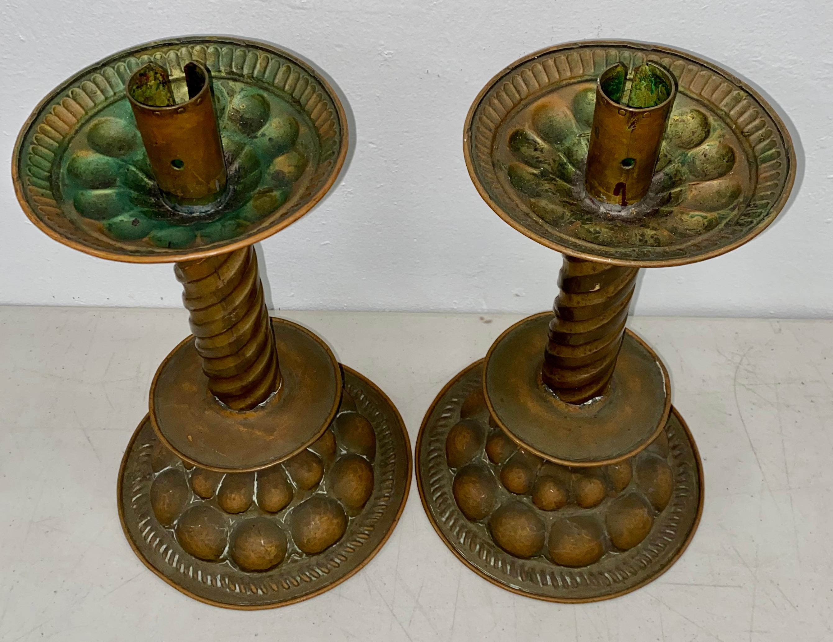 18th Century 18th to 19th Century Hammered Copper Candle Holders For Sale
