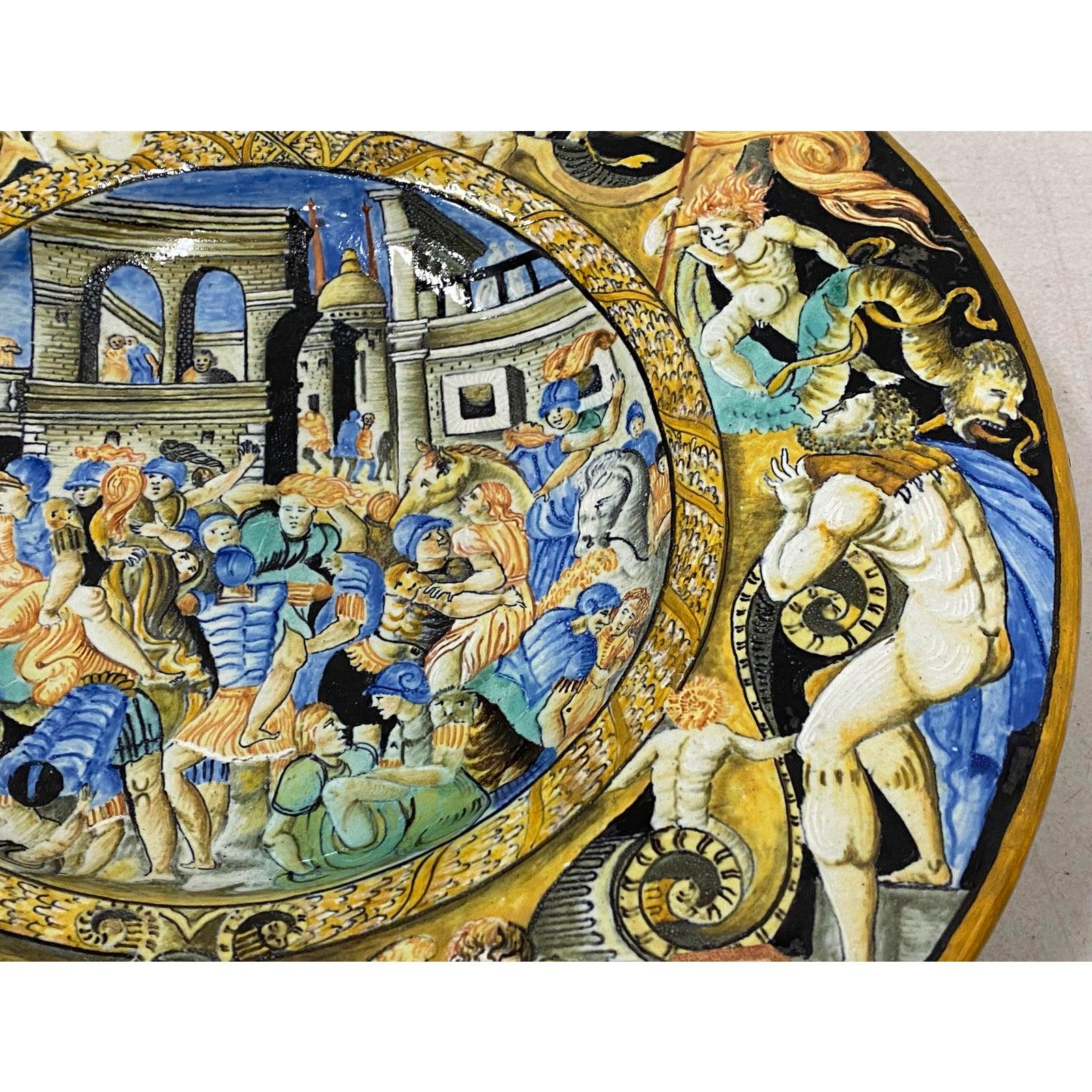 Hand-Painted 19th Century Italian Majolica Dish with Renaissance Figures For Sale