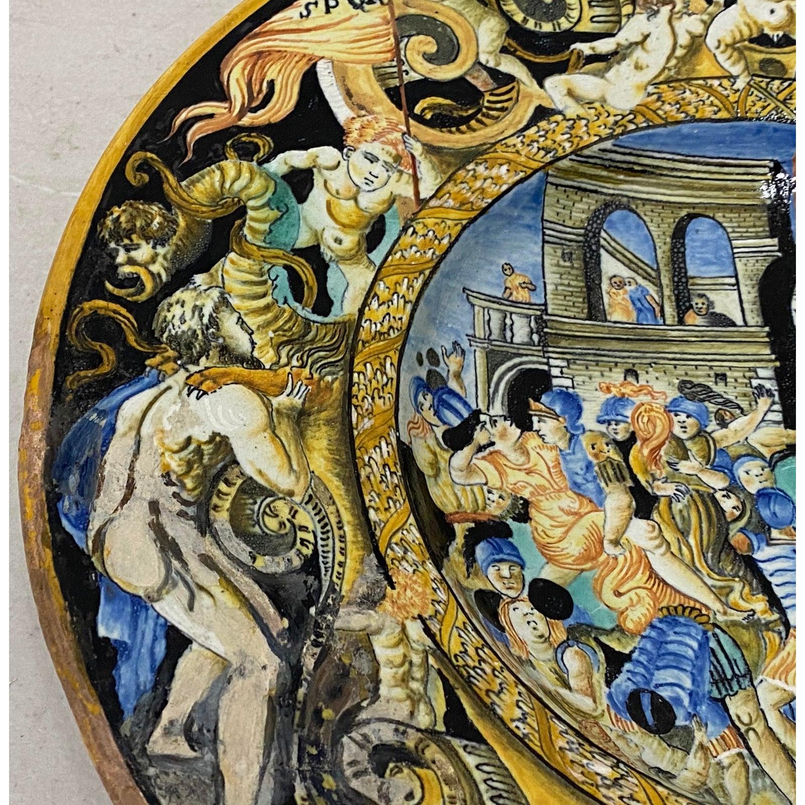 19th Century Italian Majolica Dish with Renaissance Figures In Fair Condition For Sale In San Francisco, CA