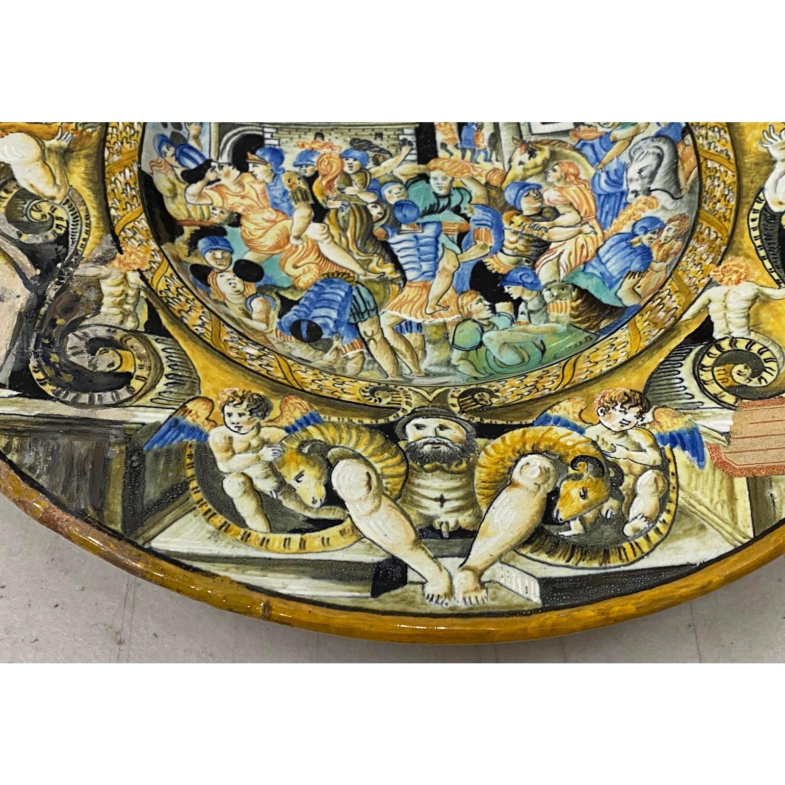 18th Century and Earlier 19th Century Italian Majolica Dish with Renaissance Figures For Sale