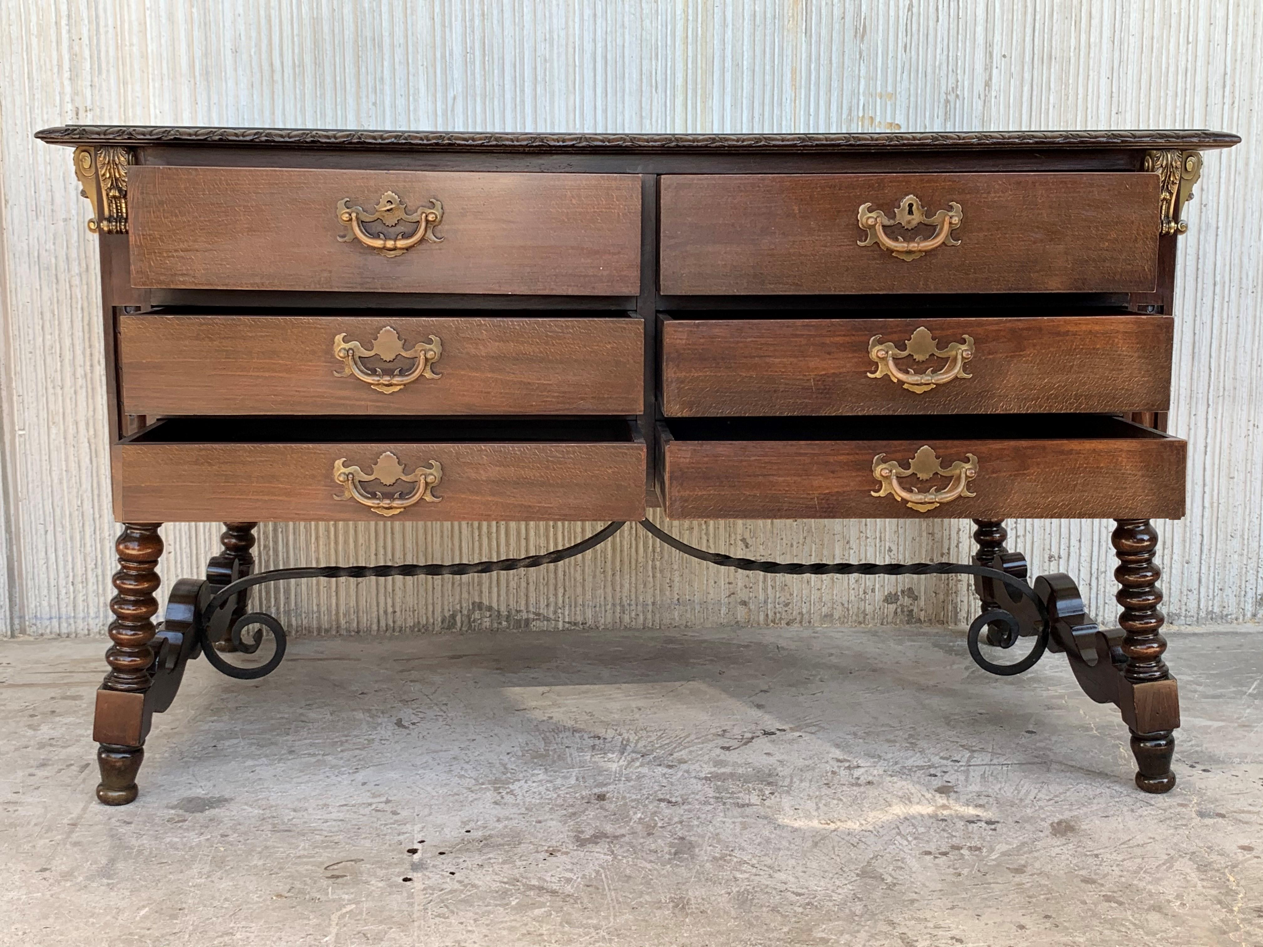 Spanish Colonial Two Sided Spanish Butcher Block with Six Drawers and Bronze Hardware