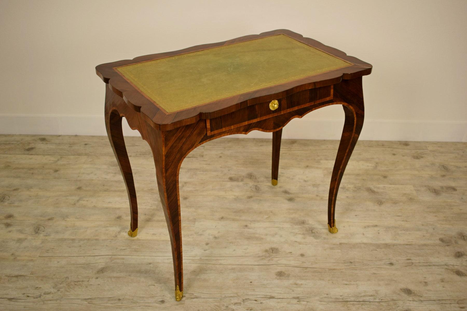 Gilt 18th Century Veneered and Inlaid Wood Italian Louis XV Writing Desk For Sale